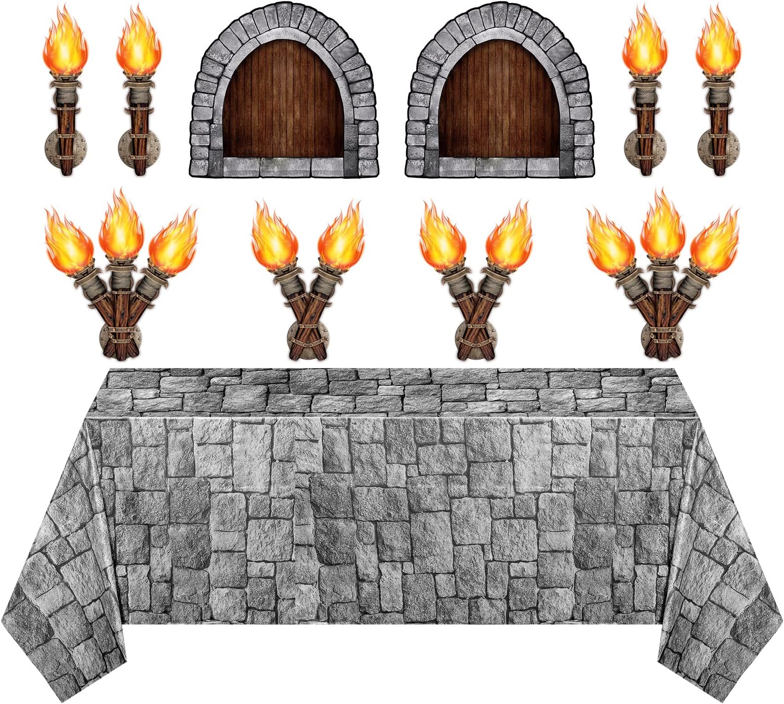 Zonon 11 Pcs Medieval Scene Setter Set Window Torch Props Plastic Brick Tablecloth Knight Themed Castle Decorations Medieval Party Decorations for Party Accessory(Rustic Window)