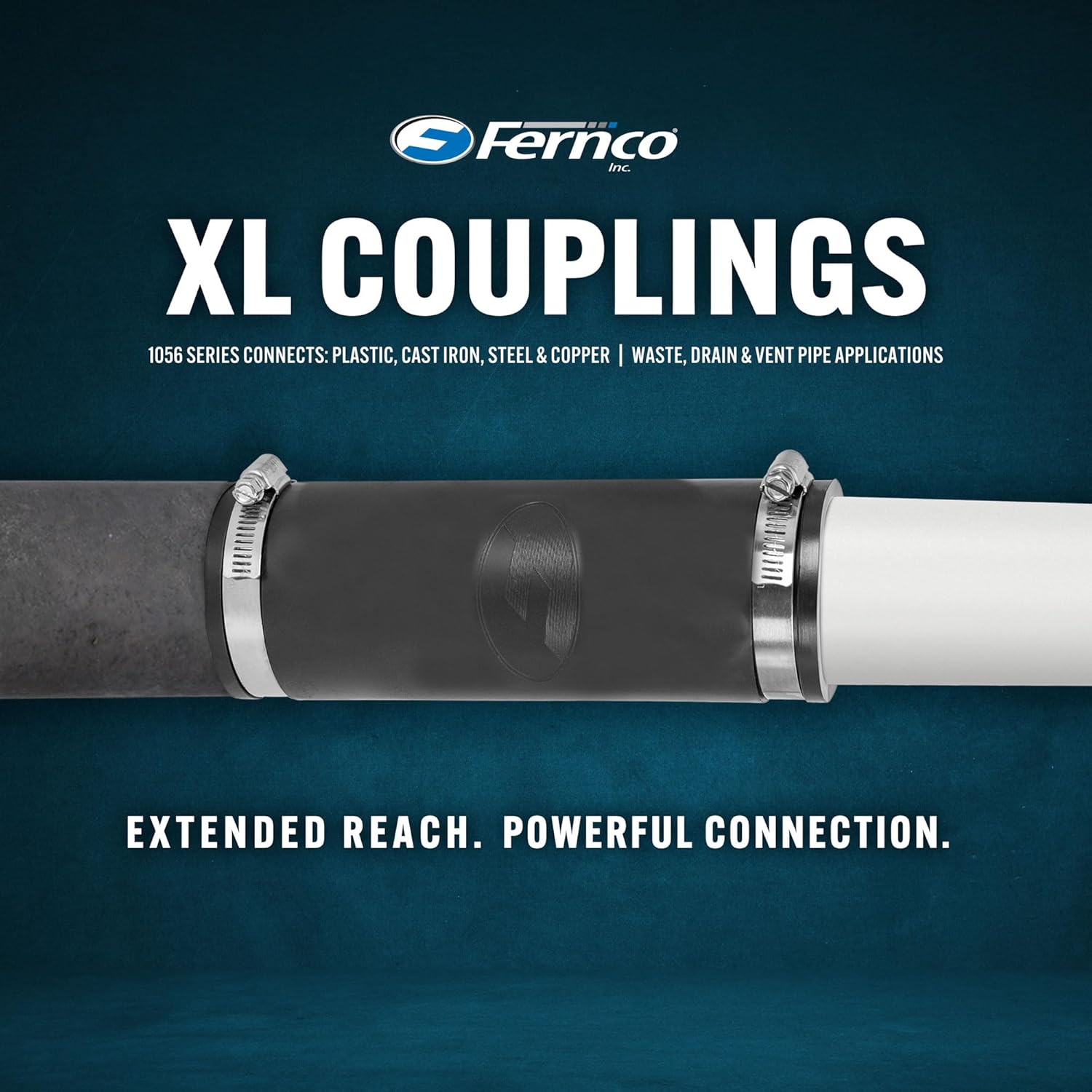 Fernco XL 1056-1502 1-1/2 in Flexible Pipe Coupling, Extra-Long 6.88 in DWV Sewer/Drain Connector, Fits OD 1.65–2.00 in, Cast Iron/PVC/Lead/Steel