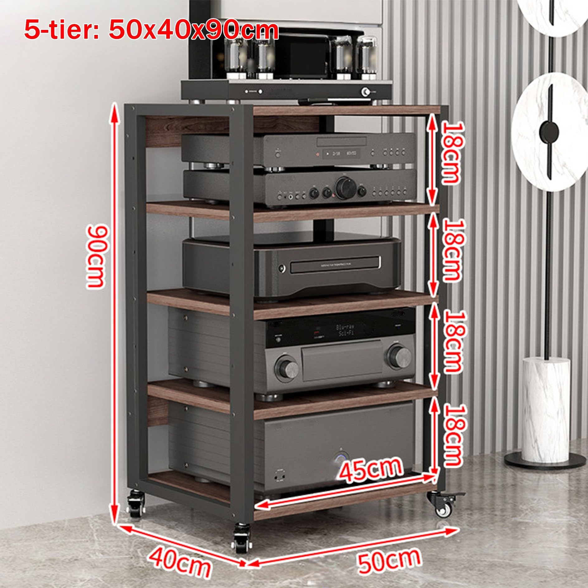 5-poziomowy stojak HiFi z kółkami, regulowana drewniana szafka AV, dla odtwarzaczy płyt i drukarek, wielofunkcyjna wieża do przechowywania, półka do gier wideo, 50 x 40 x 90 cm