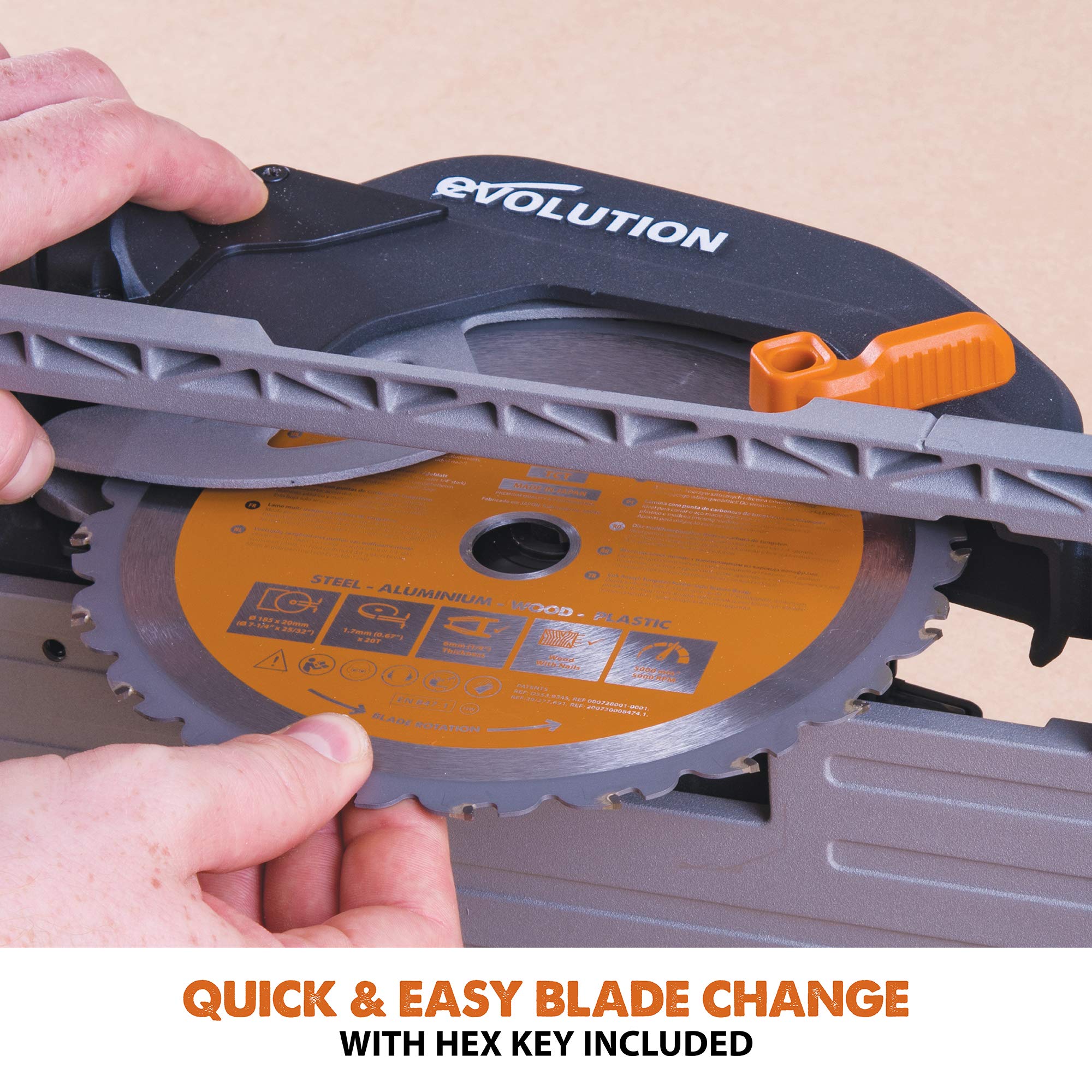 Evolution Power Tools - Scie Circulaire Multi-Matériaux Compatible avec un Guide R185CCSX (Pack Combiné avec Guide 1020 mm Fourni), 185 mm, 230 V 027-0003