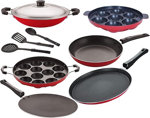 Nirlon Non Stick Coated Aluminium Gas Compatible Kitchenware Item Combo Set – 9 Pieces [FT13_CT12_AP(7)_AP(12)_AC_TP24_3SPN]