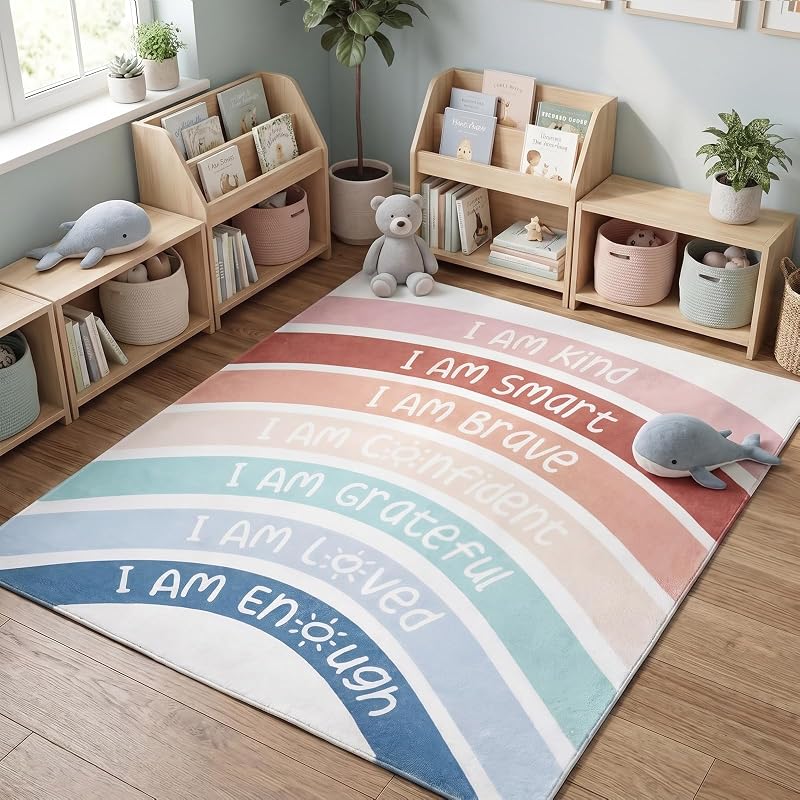 Calming Corner Classroom Rug 3.3 x 4 ft,Boho Rainbow Rug | Positive Affirmation Corner Rugs, Inspirational Educational Soft Fluffy Carpet, Floor Mat, for Nursery Homeschool Playroom