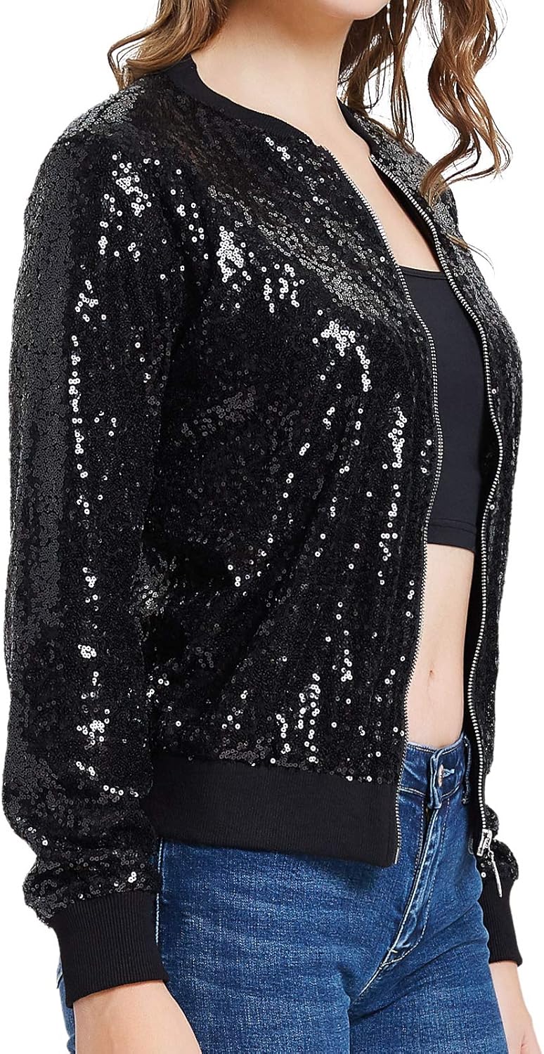 KANCY KOLE Womens Sequin Jacket with Pockets Casual Long Sleeve Front Zip Party Bomber Blazer S-2XL - Image 2