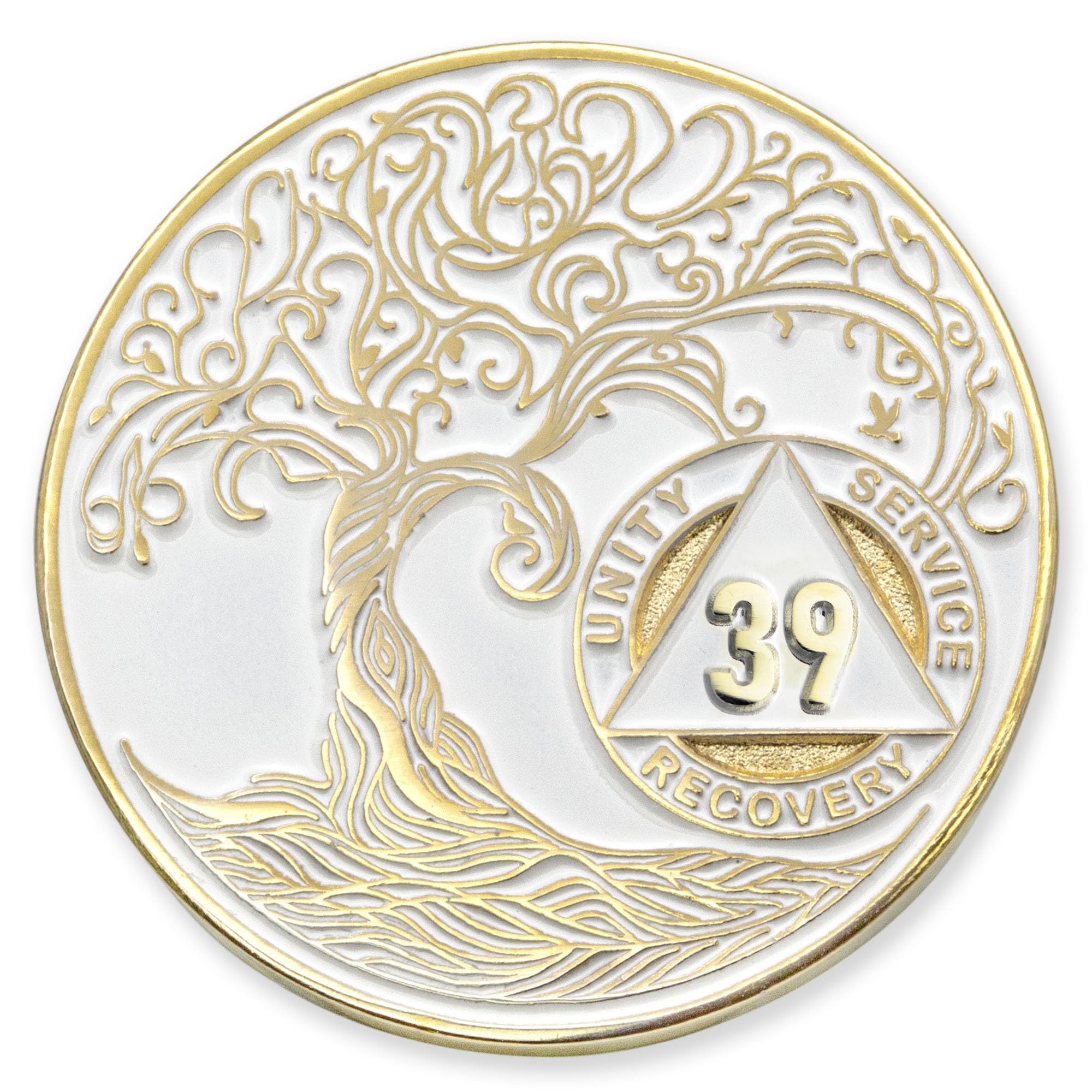1 to 50 Year Twisted Tree of Life Sobriety Coin - Gold Plated AA Chips &amp; Medallions - 39 Year Sobriety Coin - White