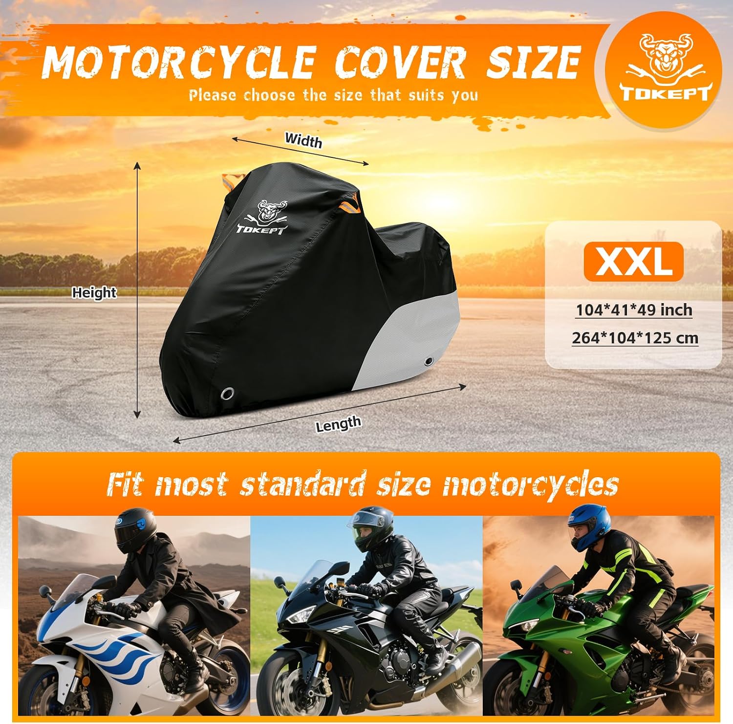 Motorcycle Cover Waterproof All Season Outdoor Protection, Fits up to 104 Inch, Compatible with Cruisers & Touring Models, with Locking Holes & Reflective Strips (Black&Silver)