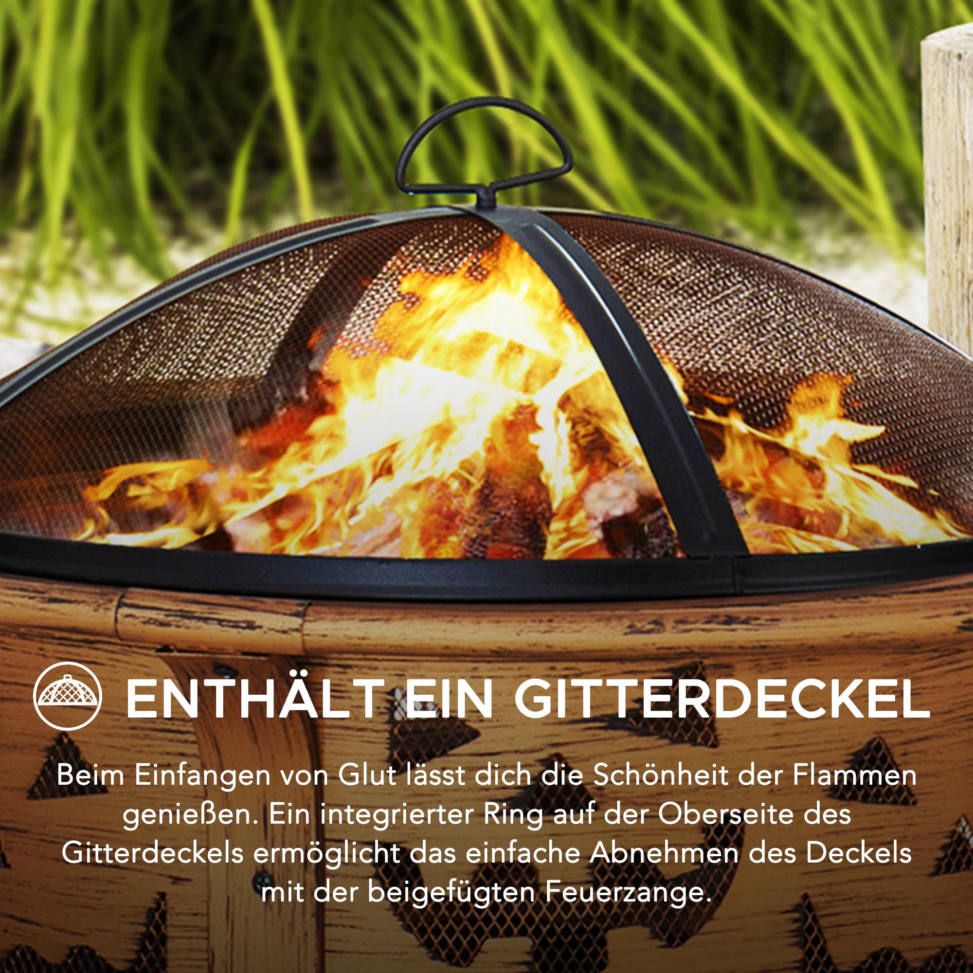 SUNJOY 76 cm Feuerstelle Outdoor Holzfeuerstelle Terrasse Jack-o-Lantern Motiv Runde Stahl Große Feuerstellen für Draußen mit Funkenschutz und Schürhaken