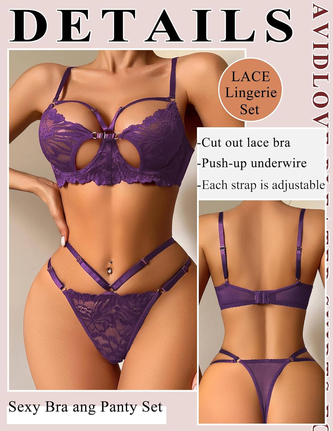 Avidlove Underwire Lingerie for Women Lace Bra and Panty Set Sexy Underwear Sets 2 Piece Strappy Lingerie with Thong - Image 2
