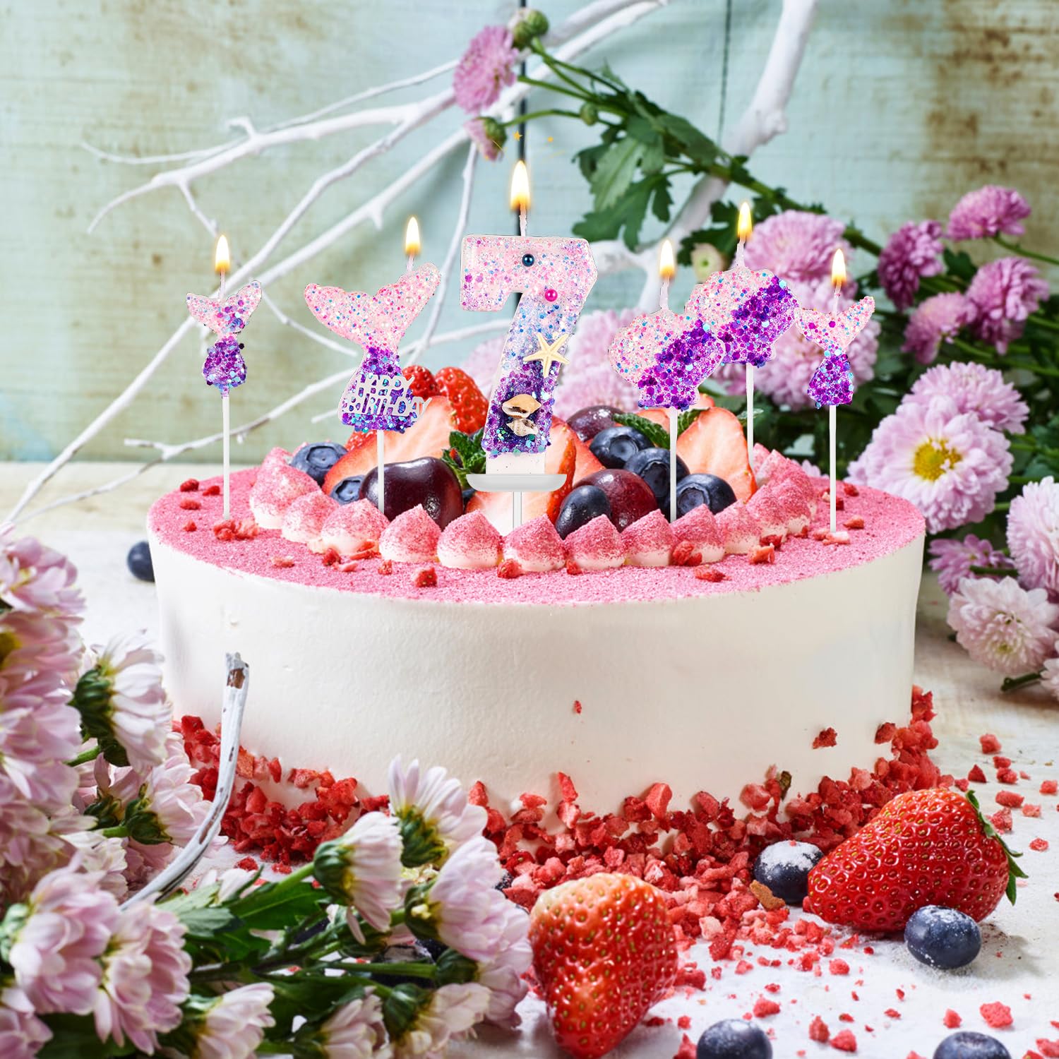 7,5cm Bougies D'Anniversaire Numérotées, Bleu Bougies Numéro Paillettes Coquillage Bougie Numéro Anniversaire 3D Bougies De Gâteau Décoration Pour Anniversaire Fête à Thème Sirène (5