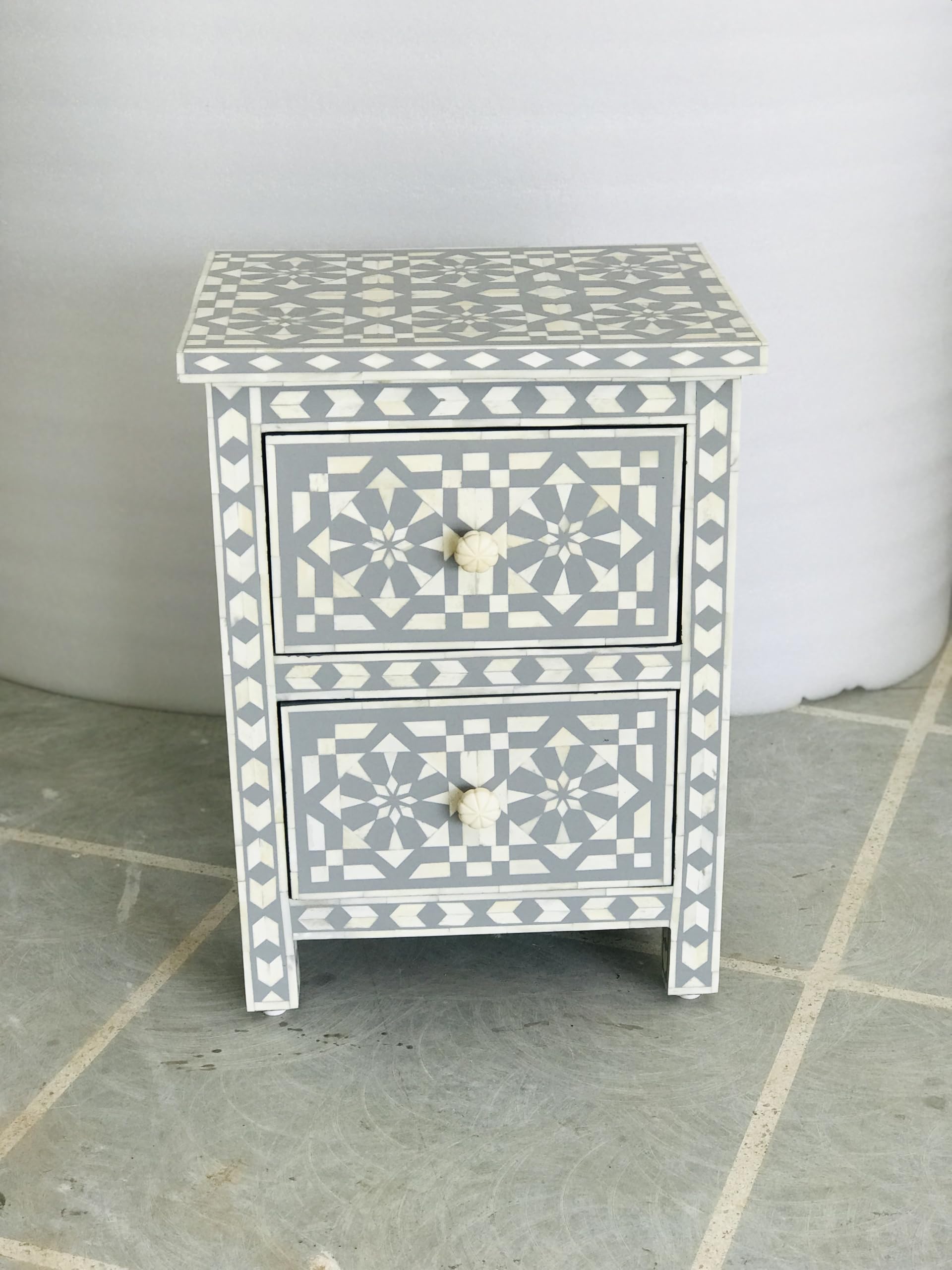 Handmade Bone Inlay Bedside Table with 2 Drawers, Grey, 18x14x24 Inches, Geometric Pattern Design-image-32