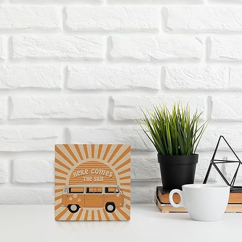 Miniatura 2 de Letrero de madera con texto en inglés "Here Comes the Sun" para decoración de escritorio, moderno retro Groovy de los años 70 para el hogar,
