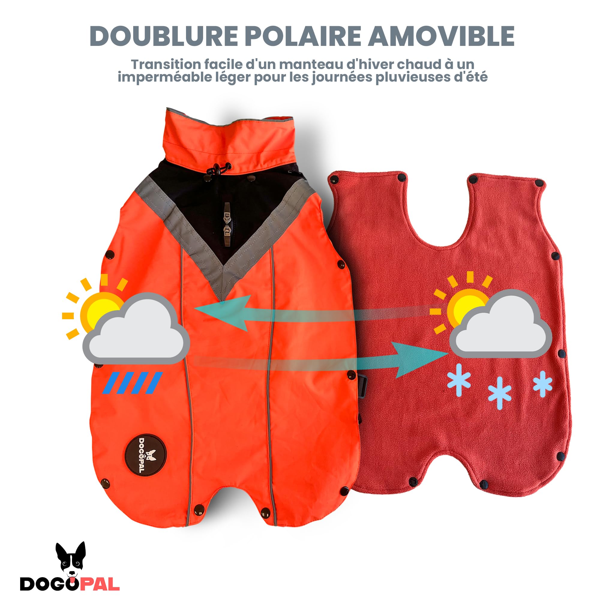DOGOPAL Manteau Chien 2en1 Toutes Saisons – Imperméable & Coupe-Vent avec Doublure Polaire Amovible, Haute Visibilité Réfléchissante (Orange, L)