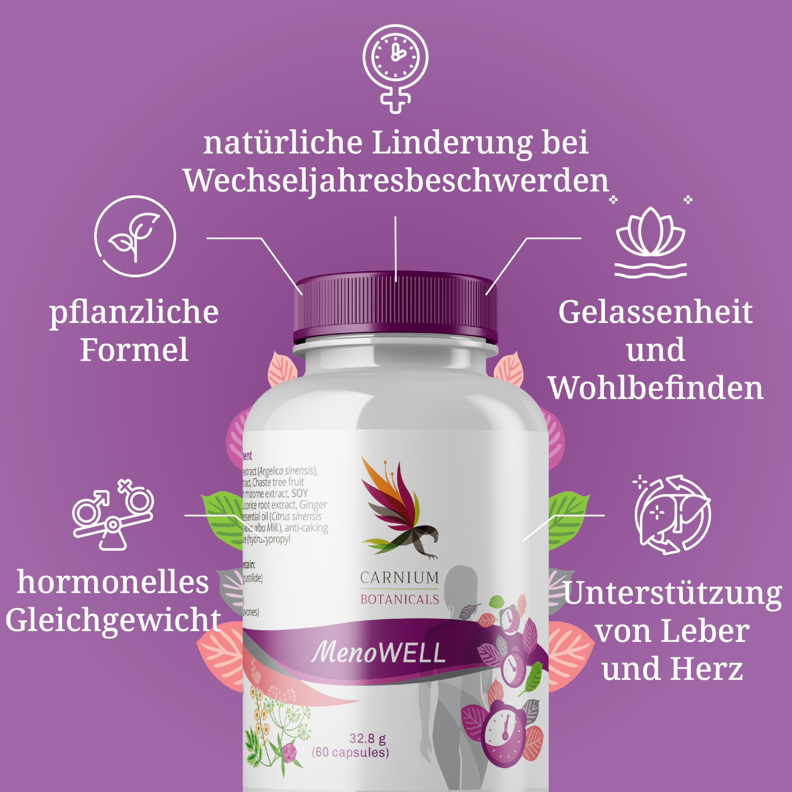 Carnium Botanicals MenoWELL – Wechseljahre Kapseln, 60 Stück | Mönchspfeffer, Rotklee, Yamswurzel, Natürlicher Komplex für Frauen