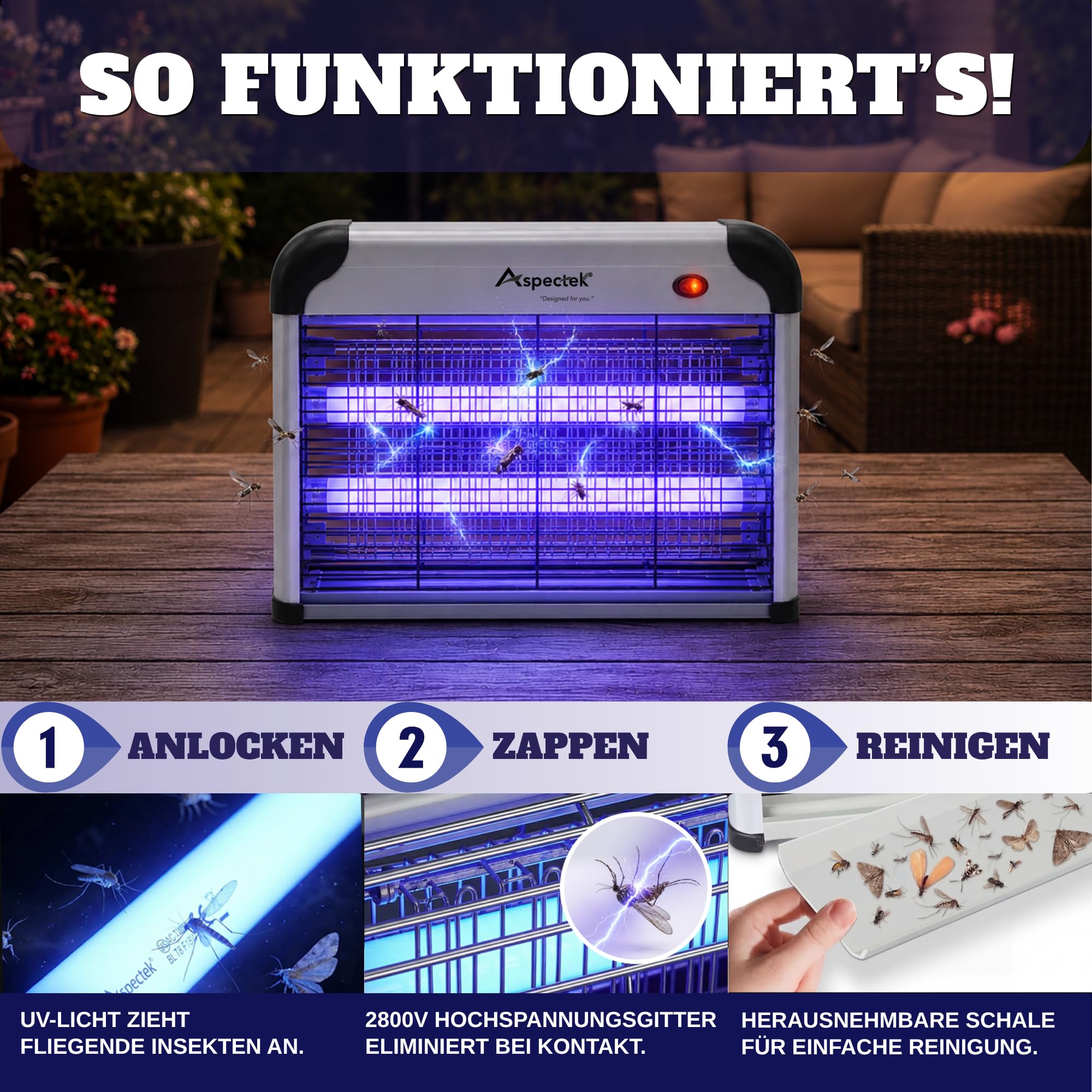 ASPECTEK Elektrischer Insektenvernichter 20W 2800V – UV Mückenfalle & Fliegenfalle für Innen, Insektenlampe gegen Mücken, Fliegen, Gnitzen, Inklusive 2 Ersatz-UV-Röhren