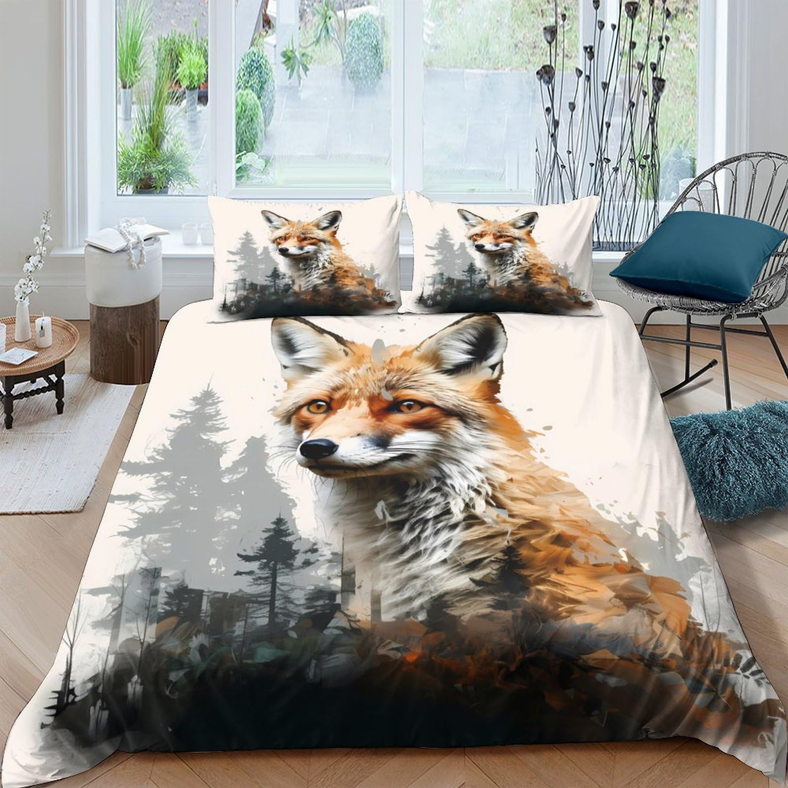 GPLZQXKJNH 3D Printed Fox Forest Duvet Cover Microfiber Soft Breathable Woodland Animal Bedding Set with 2 Pillowcases for Bedroom Decor Single（135x200cm）