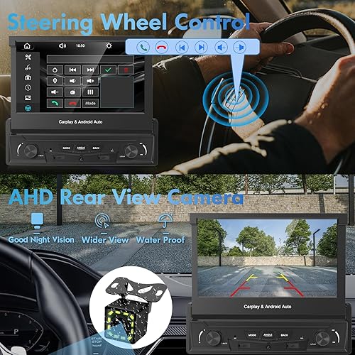 Miniatura 4 de [Motorizado] Y-METDRIVING estéreo de coche de un solo DIN de 7 pulgadas con pantalla táctil abatible con Apple Carplay inalámbrico y Android Auto