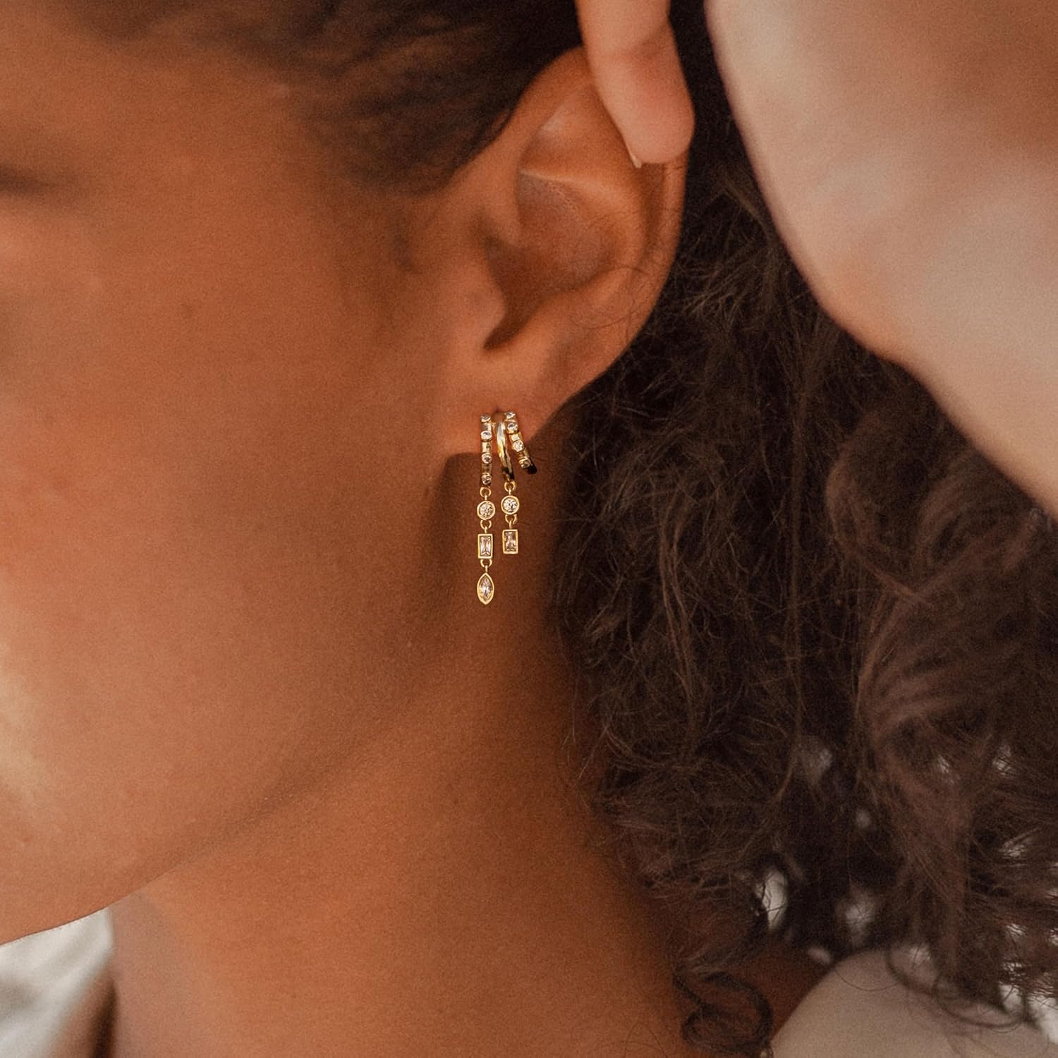 Dangle Earrings For Women, Dainty Gold Drop Statement Earrings 14K Gold Plated Long Huggie Earrings for Women Trendy Hypoallergenic Dangly Earrings Small Triple Hoops Earrings Fashion Jewelry - Image 2