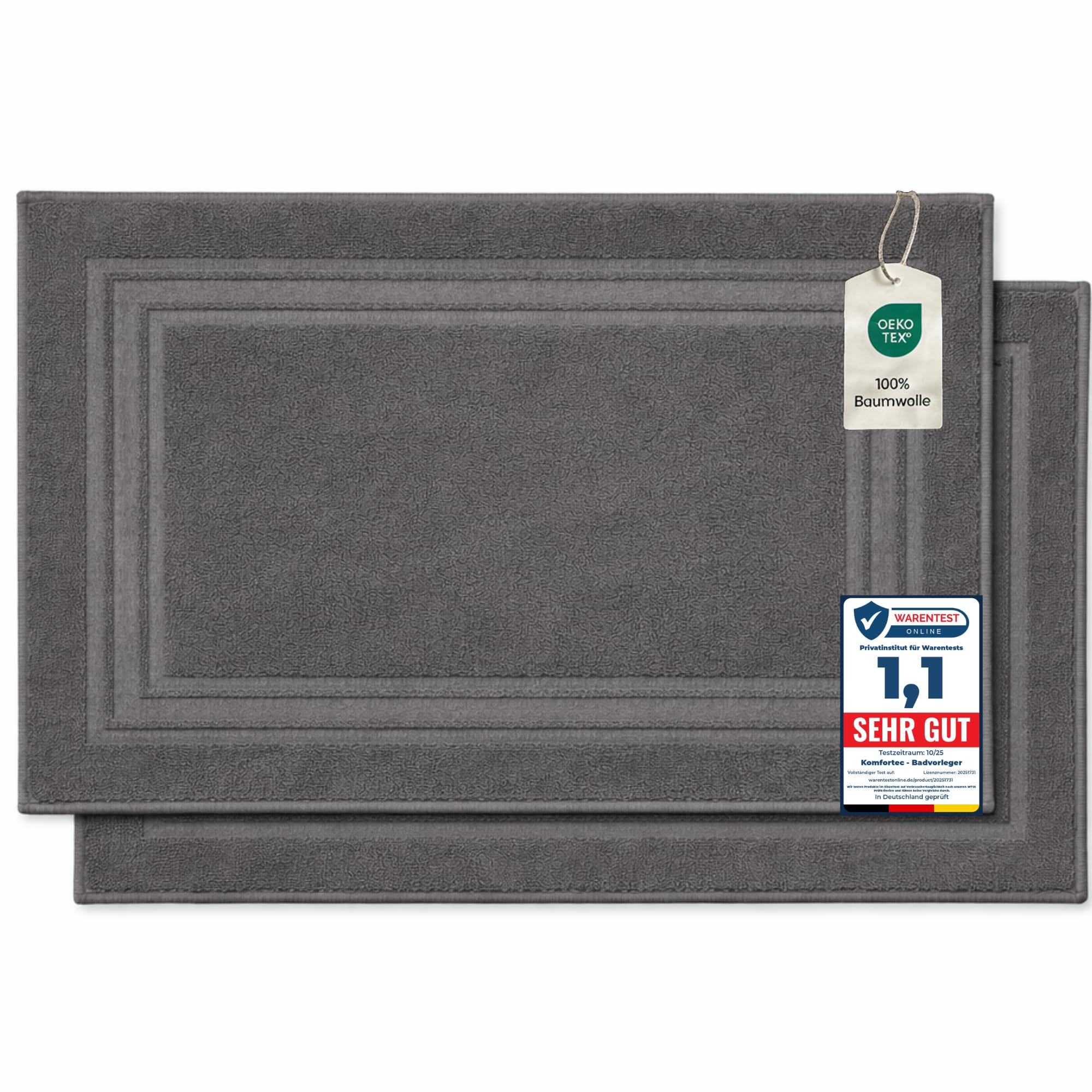 Komfortec Bath Mat Set, 2 Pieces, Terry Cloth Shower Mat, Washable Shower Mat & Bath Mat, 600 g/m² & 100% Cotton, Absorbent & Quick Drying, 50 x 70 cm, Anthracite — image 1