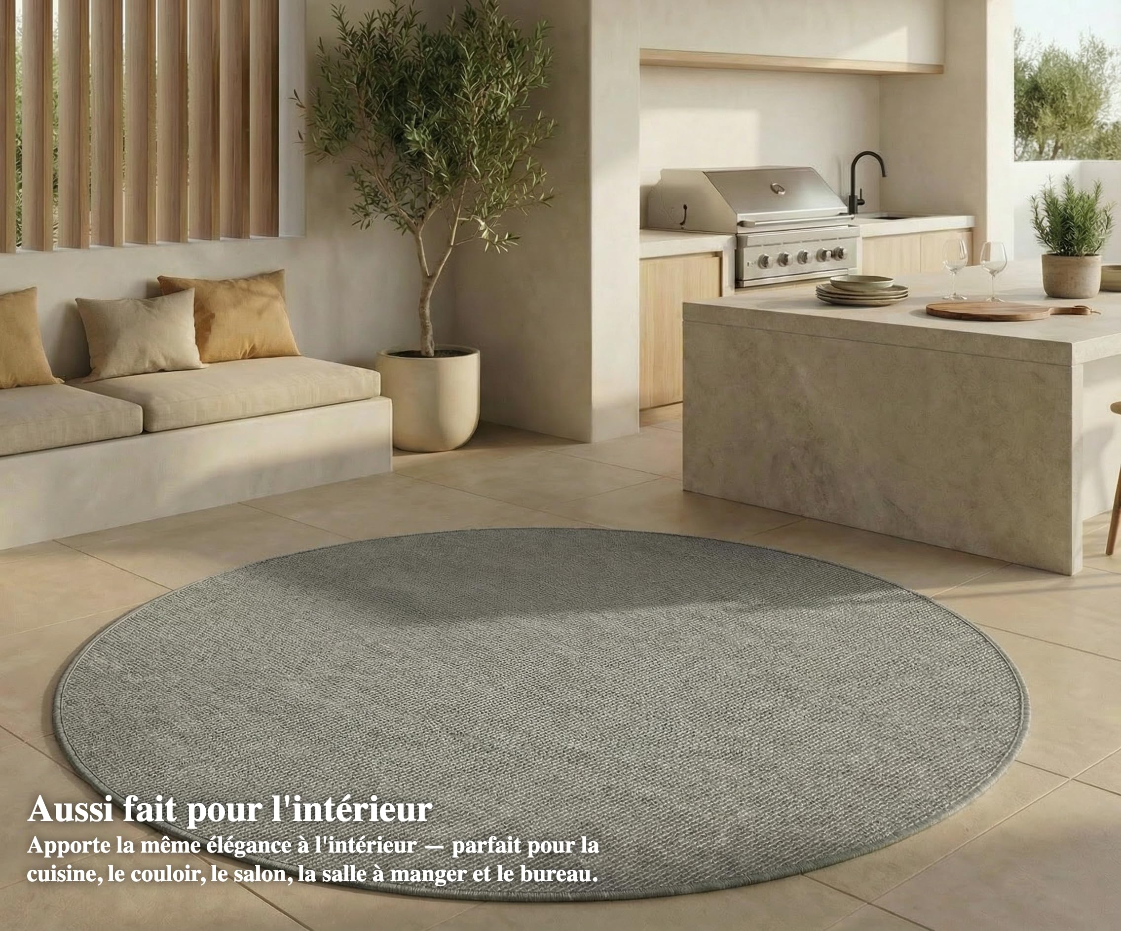 Jimri Tapis d'intérieur et d'extérieur – Tapis résistant aux intempéries pour Balcon, terrasse, Jardin, Cuisine - résistant aux Rayons UV et à l'eau - 120 cm Rond, Argenté