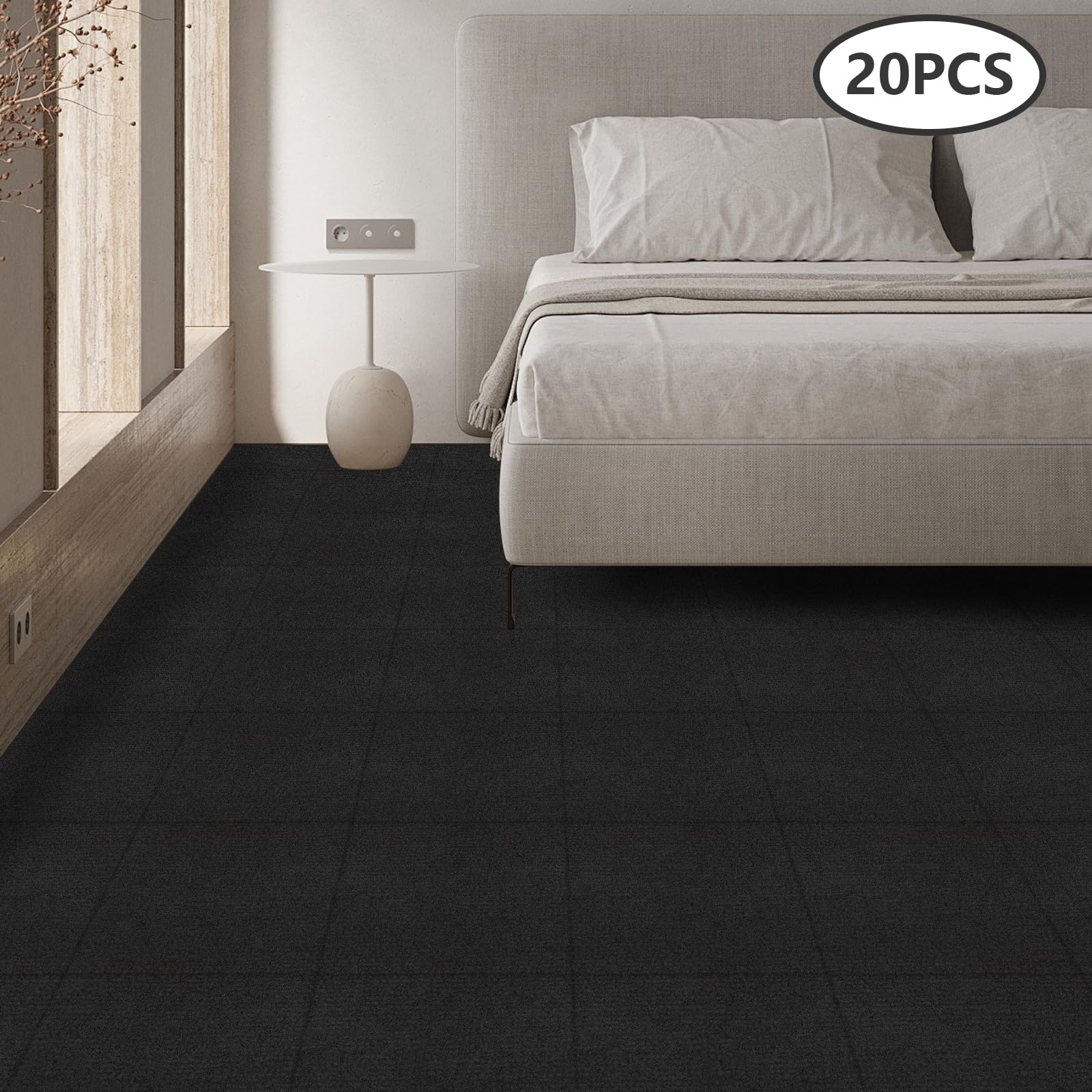 Azulejos de moqueta autoadhesivos, 50 x 50 cm, 20 unidades, fácil de cortar, alfombra cuadrada para el suelo de salones, pasillos, oficinas, hoteles (negro)