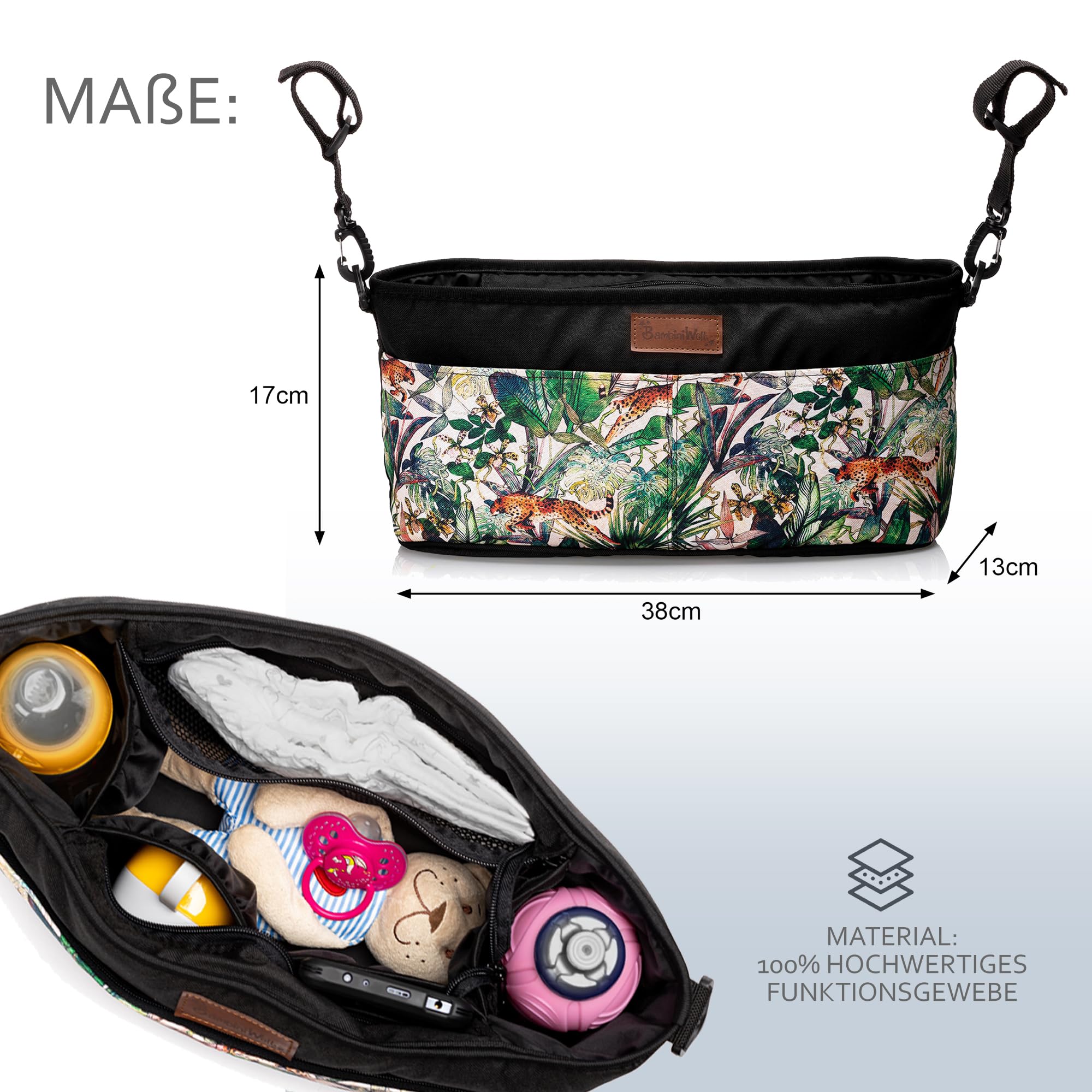 BambiniWelt Kinderwagen Organizer – Wickeltasche mit Getränkehalter & Reißverschluss, kompakte Buggy Tasche aus wasserabweisendem Mikrofaserstoff, leicht, stylisch & praktisch, Muster: Modell 8