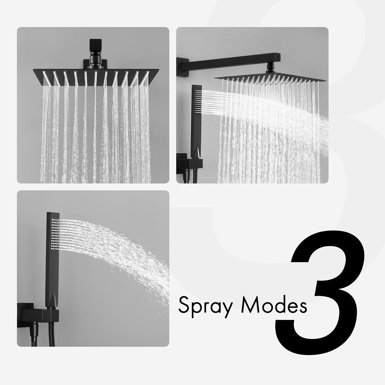 Three close-up images of the KES shower system. Top left shows the rain shower head with water flowing. Top right shows the rain shower head and handheld spray both active. Bottom left shows the handheld spray with water flowing in a focused stream. A large number '3' with 'Spray Modes' text is also visible.