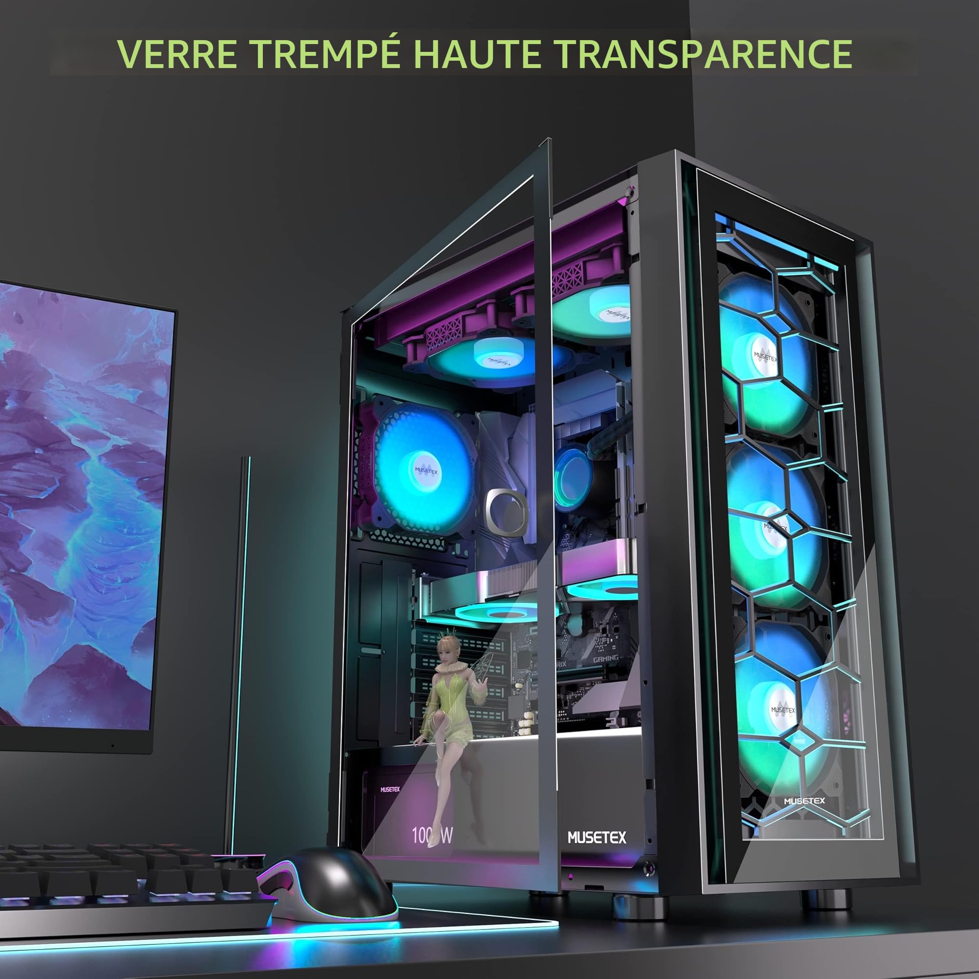 MUSETEX Boitier PC ATX, 6 Ventilateurs PWM ARGB pré-installés, Boîtiers pc Informatique avec Double Verre trempé, USB 3.0 x 2 Boitier pc Gamer Mid Tower, Noir, G07