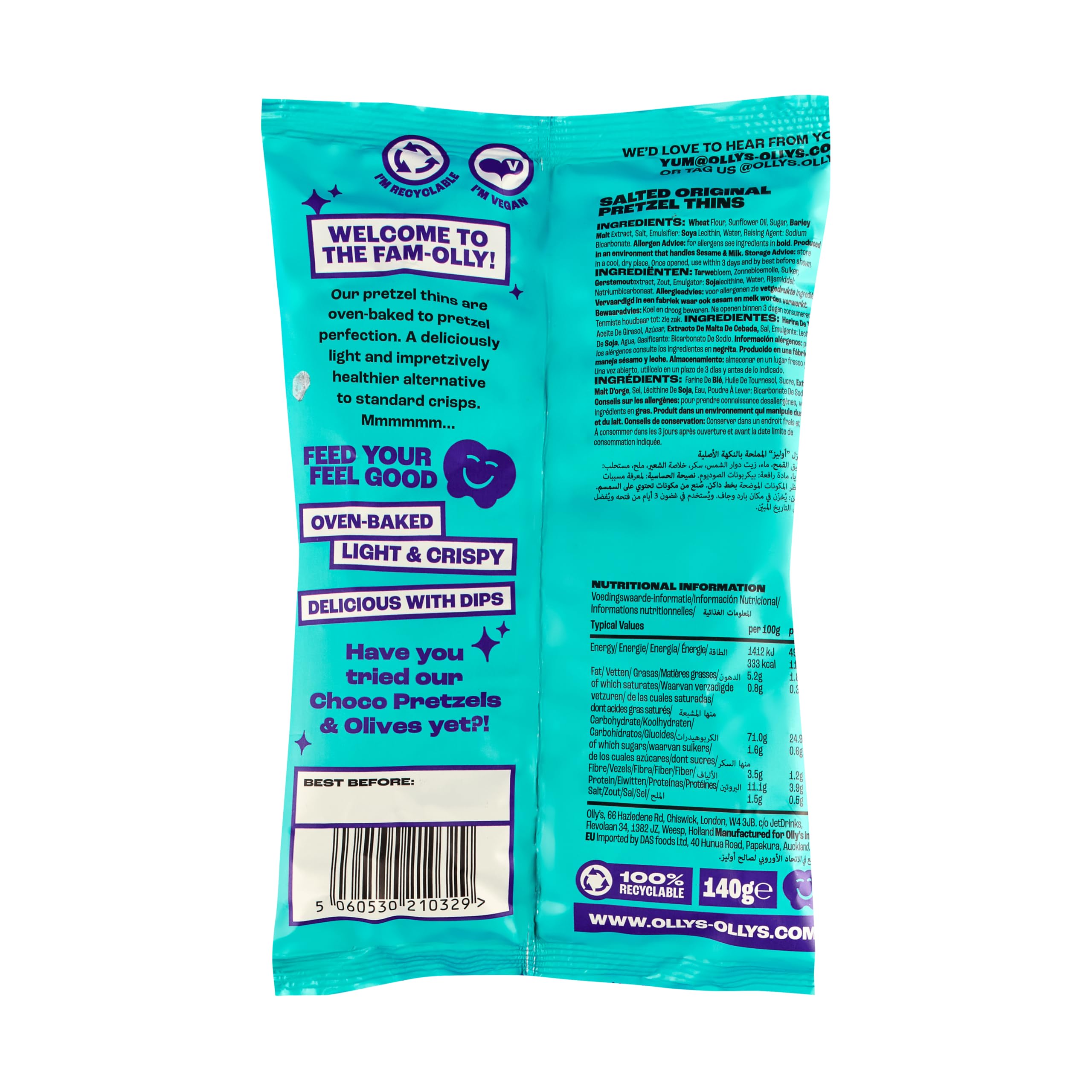 Olly's Pretzels horneados y salados Veganos Snacks Saludables Bolsa 140g