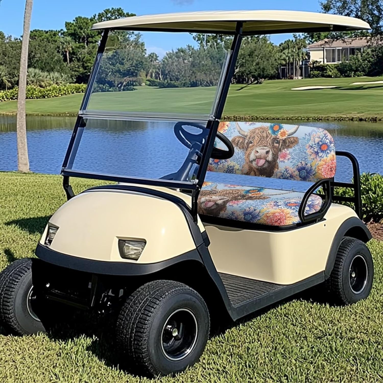 XYZCANDO Funny Highland Cow Golf Universal Golfs Cart Seat Covers Easy Installation Keep You Cool in The Hot Summer Thick Padding Stretchy Fit Your Outdoor Golf Activities