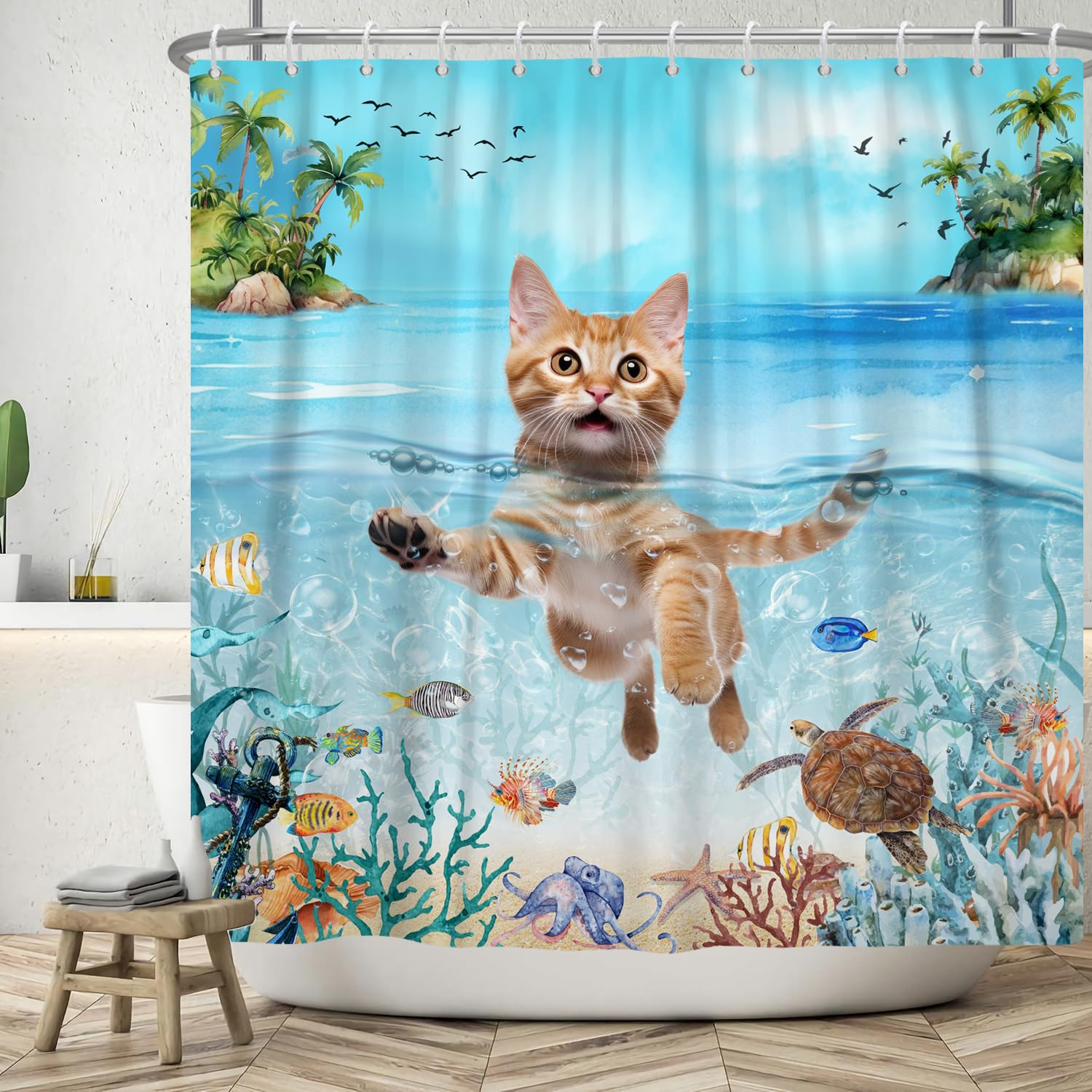Rideau de douche chat pour une salle de bain ambiance été tropical et océan azur