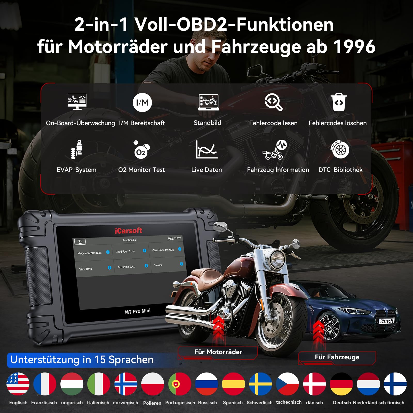 iCarsoft MT Pro Mini Motorrad Diagnosegerät für 21 Marken, OBD2 Diagnosegerät mit Alle Servicefunktionen, Komplettsystem Auslesegerät, Bidirektionaler Test, AutoVIN, Batterietest, Lebenslanges Update