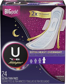 U By Kotex Allnighter Ultra Thin Overnight Pads with Wings, Extra Heavy Flow, 24 Count