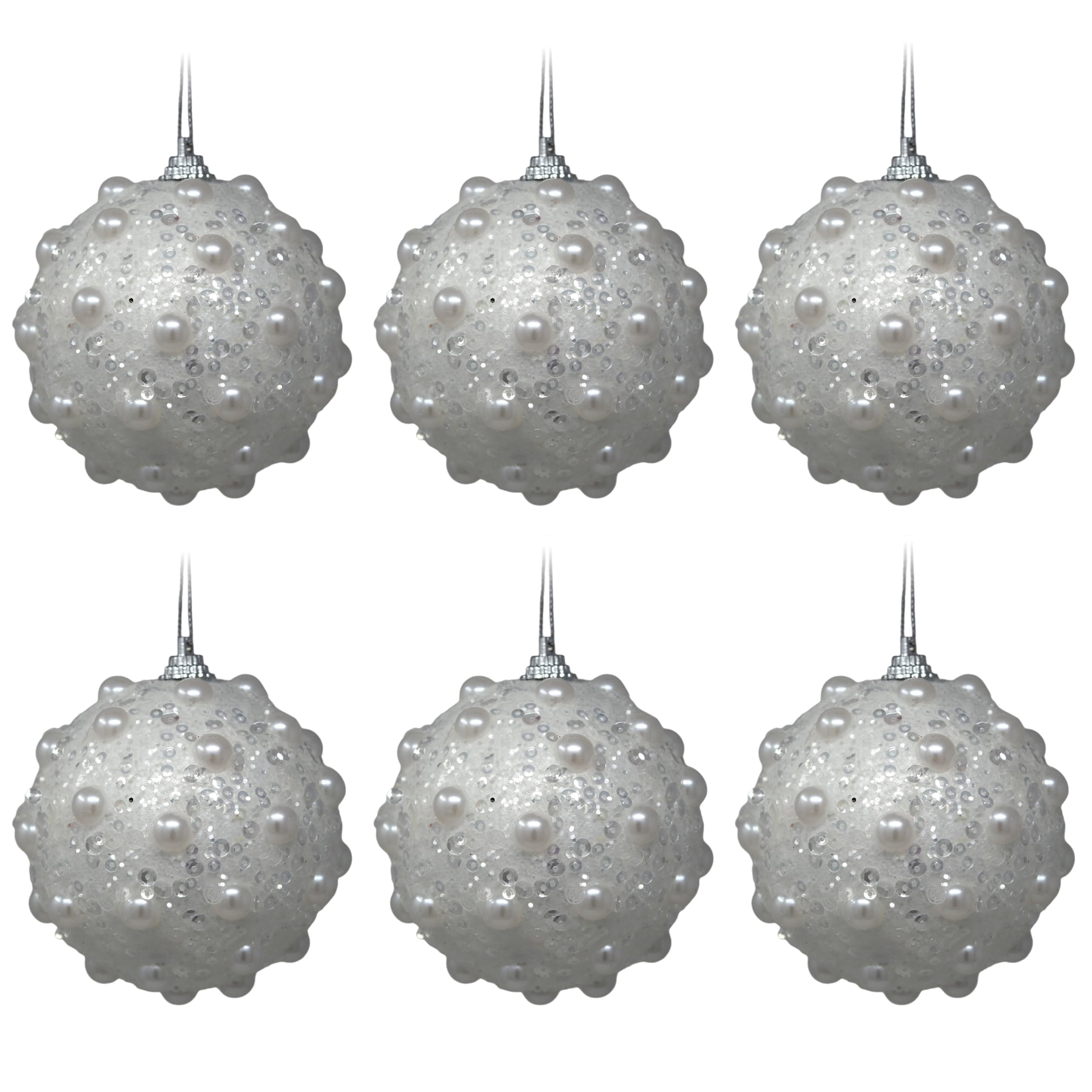 Pearl Christmas Baubles - White with Pearl and Glitter Accents 8cm - Set of 6