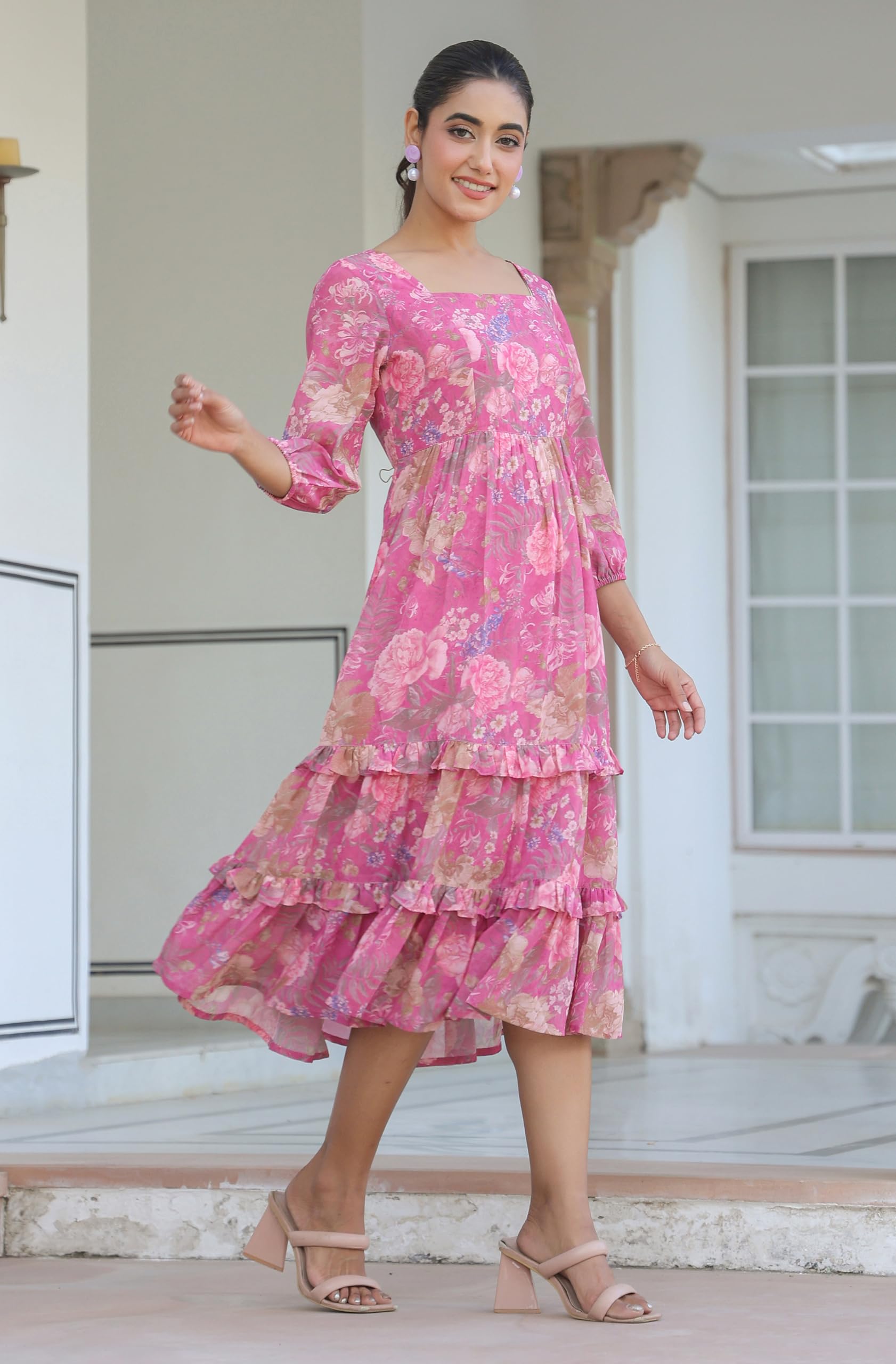 Janasya Robe à volants en georgette à motif floral lavande Dobby pour femme