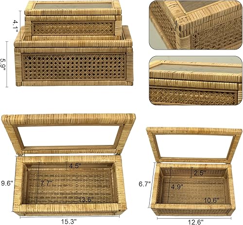 Miniatura 2 de Caja de ratán para decoración del hogar con tapa, rectangular, estilo bohemio costero, apilable, caja de almacenamiento decorativa, hecha a mano de