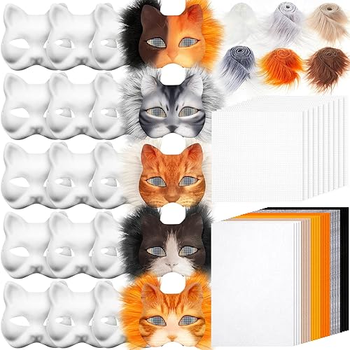 Seenelling DIY Therian Mask Kit Blank Cat Mask with Felt Fabric Sheet Plush Faux Fur Eye Mesh for Therian Gear Stuff
