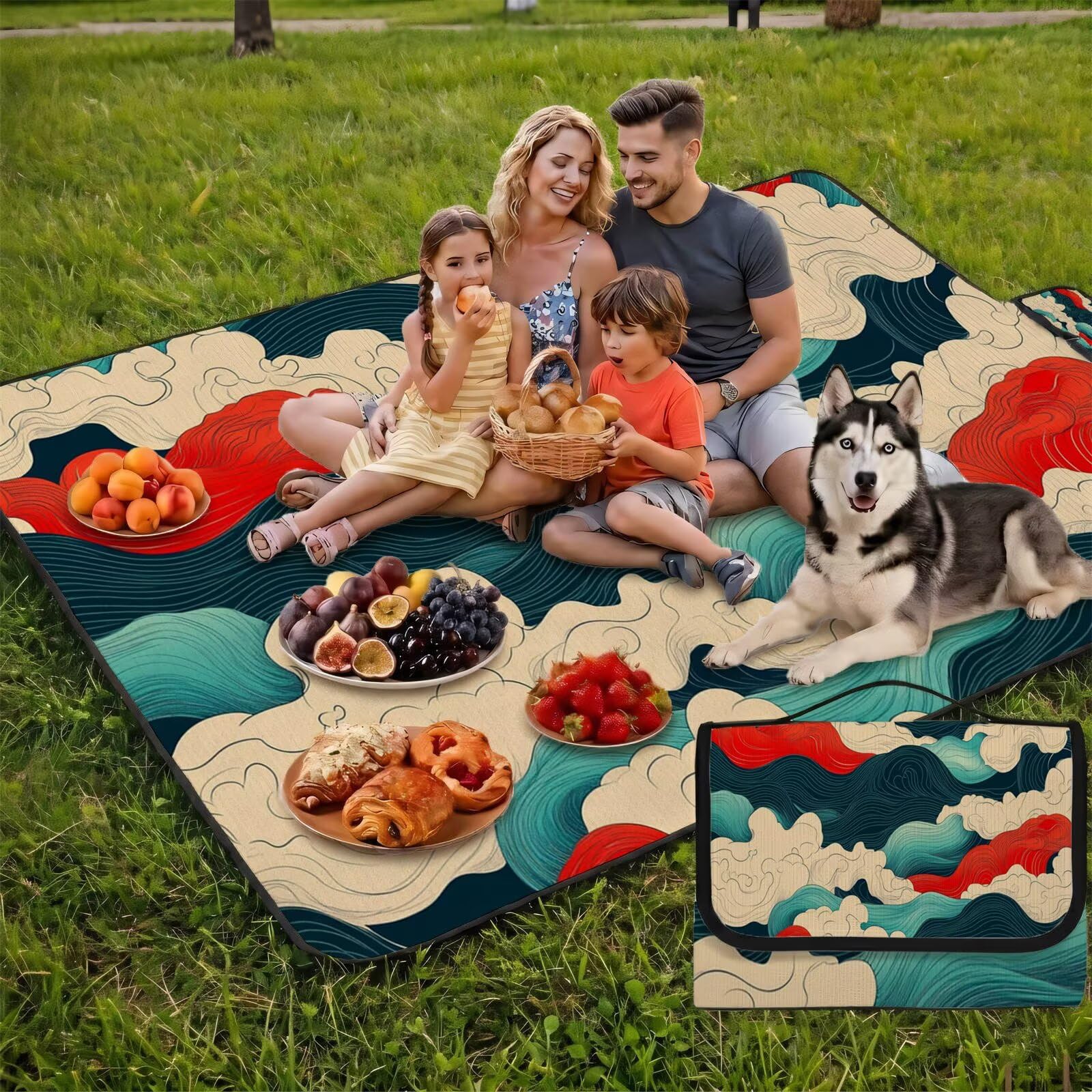 Manta de Picnic Grande 200x200cm, Japón Manta Picnic Impermeable, Cute (2) Esterilla de Playa Alfombra de Exterior, Picnic Blanket Plegable con Asa para Camping,Jardín,Césped,Playa,Senderismo FZ-86