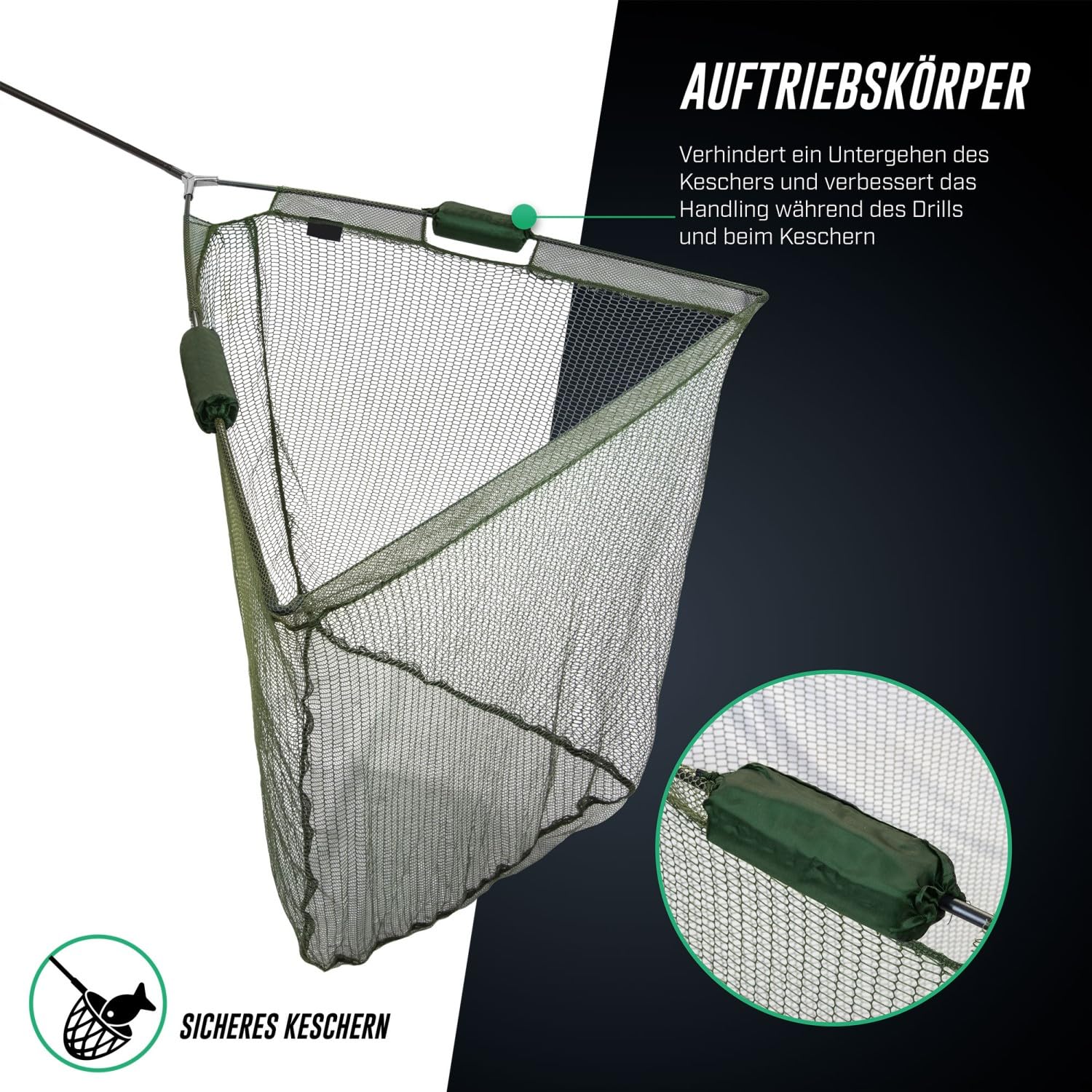 Karpfenkescher 2,70m Kohlefaser mit 2 Net-Floats knotenloses Netz | Kohlefaserstange 2,70m, Kopf 102x84cm, knotenloses Netz mit 2 Schwimmern – sicheres Keschern von Karpfen