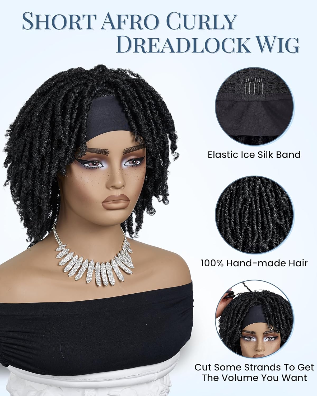 Afro Curly Braided Headband Wigs for Black Women Short Dreadlock Wig Glueless Synthetic Twist Faux Locs Wigs(Black, 12 Inch)