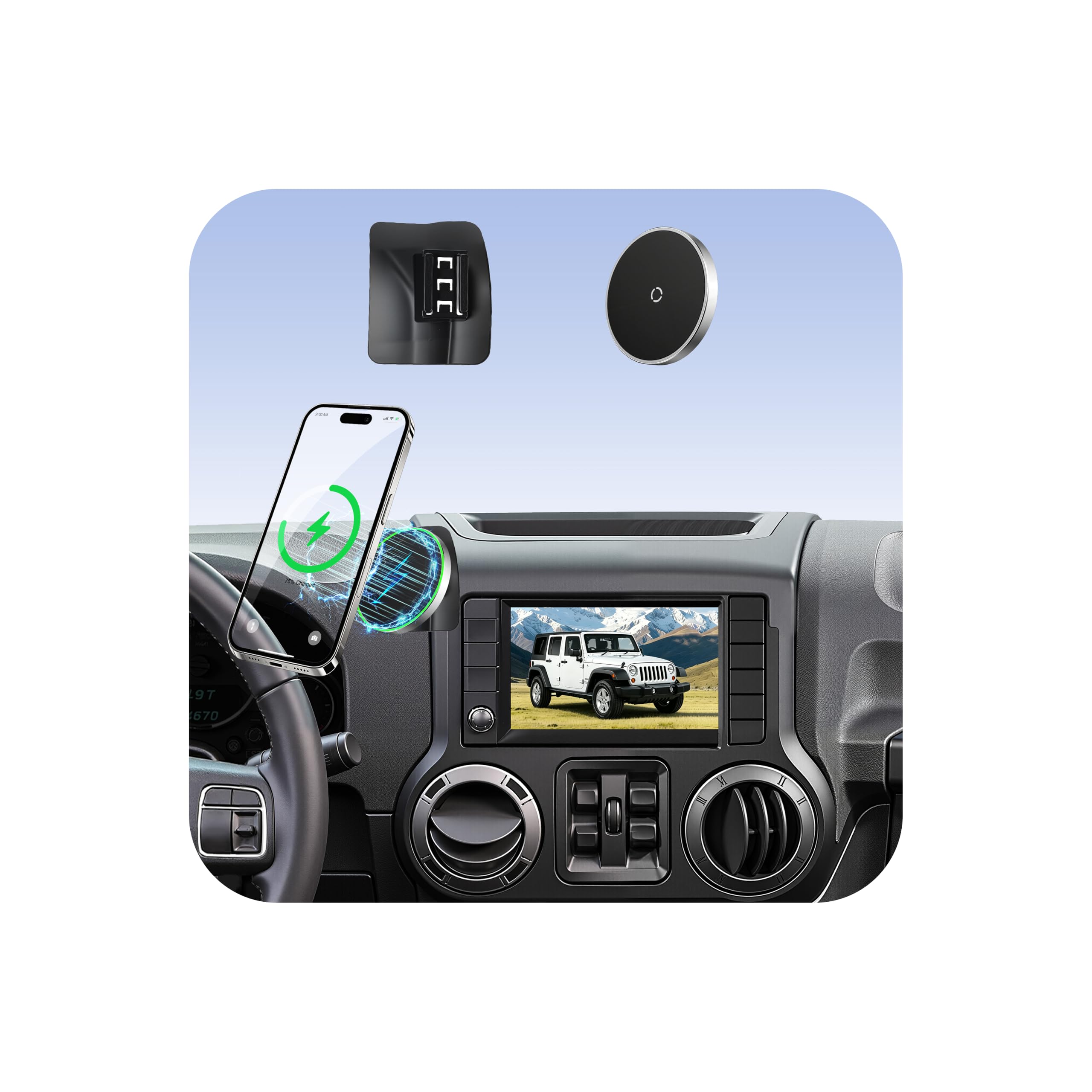 Car Phone Holder for Jeep Wrangler (2011-2016 2017),Magsafe Car Mount Charger,Magnetic Phone Holder,15W Wireless Charging,Dashboard Phone Holder,360° &amp; Hands Free,2015 Wrangler Interior Accessories