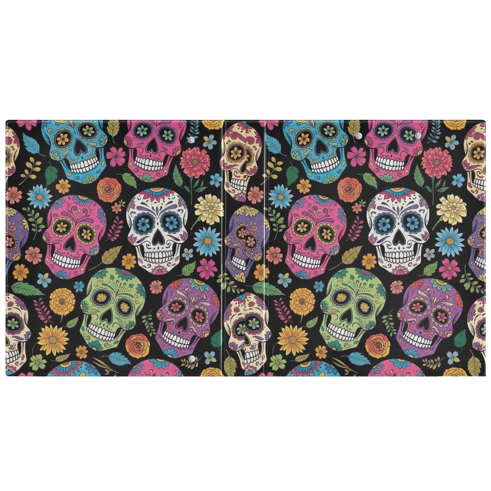 Raccoglitore a tre anelli con teschi colorati e fiori neri, 3,8 cm, confezione da 2