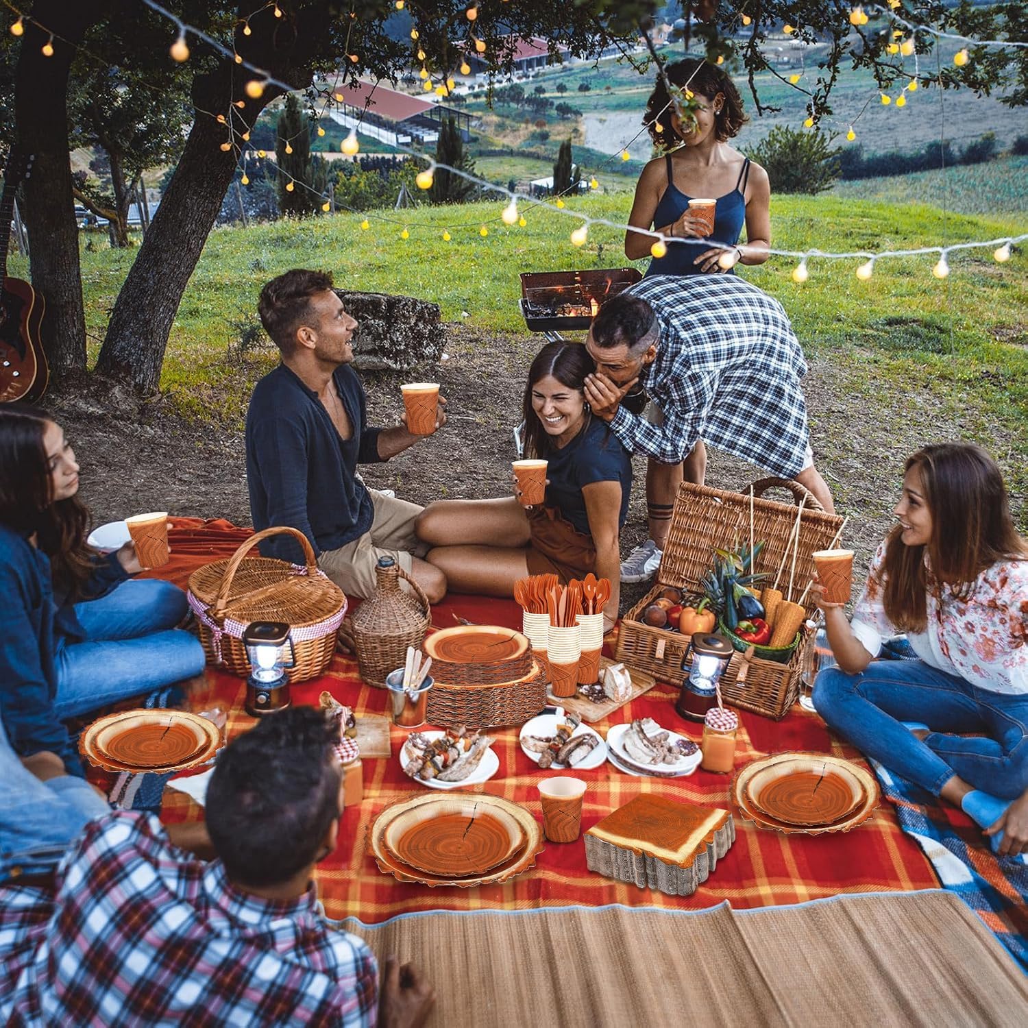 400 Pieces Camping Wood Grain Slice Party Supplies Set Paper Plate Cup Napkin for Camping Woodland Baby Shower Lumberjack Birthday Featuring a Round Wooden Slice Die Cut Edge Design Serve 50