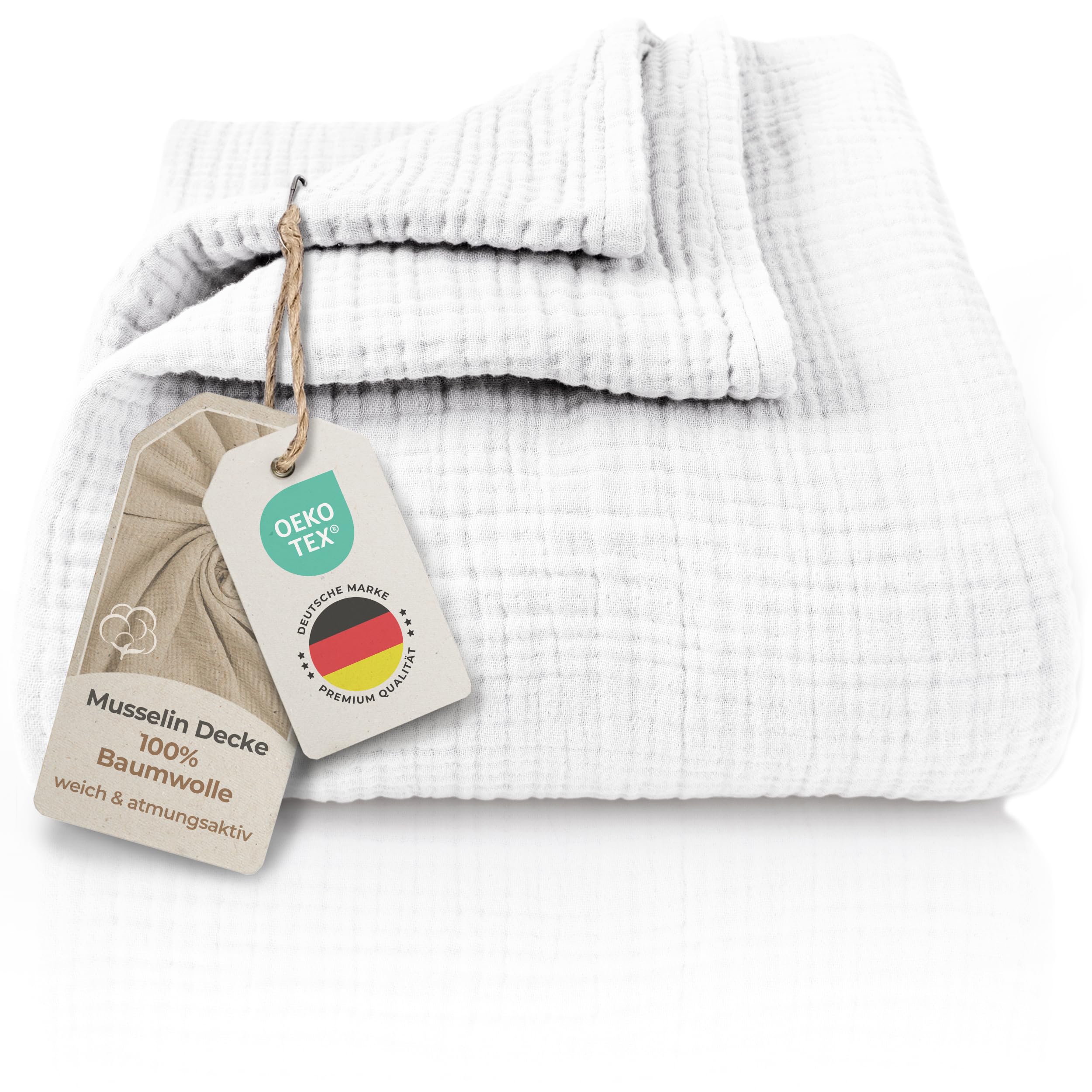 LAYNENBURG Colcha de Muselina Premium 220 x 240 cm - 100% algodón - Manta de algodón Extra Suave como Manta acogedora, Manta de Cama, Manta de sofá, Manta de sofá (Blanco)