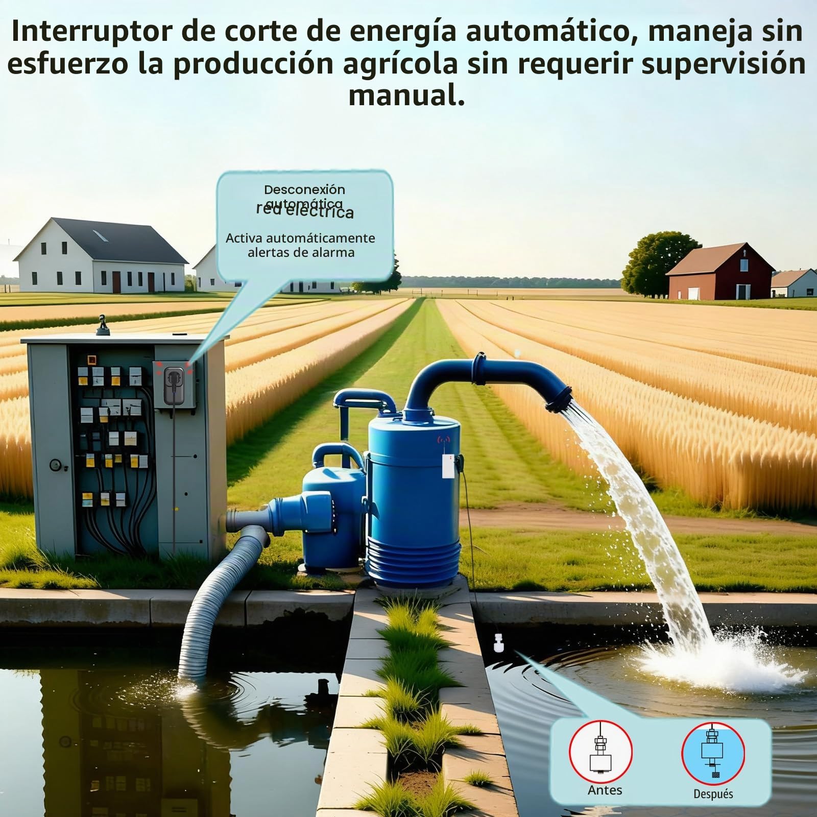 Interruptor Protección Automática con Sensor Nivel Agua Inalámbrico - Control Bajo | Alarma 100 dB, Alcance 100 m - para Torres Agua, Fosas Sépticas, Agricultura e Industria