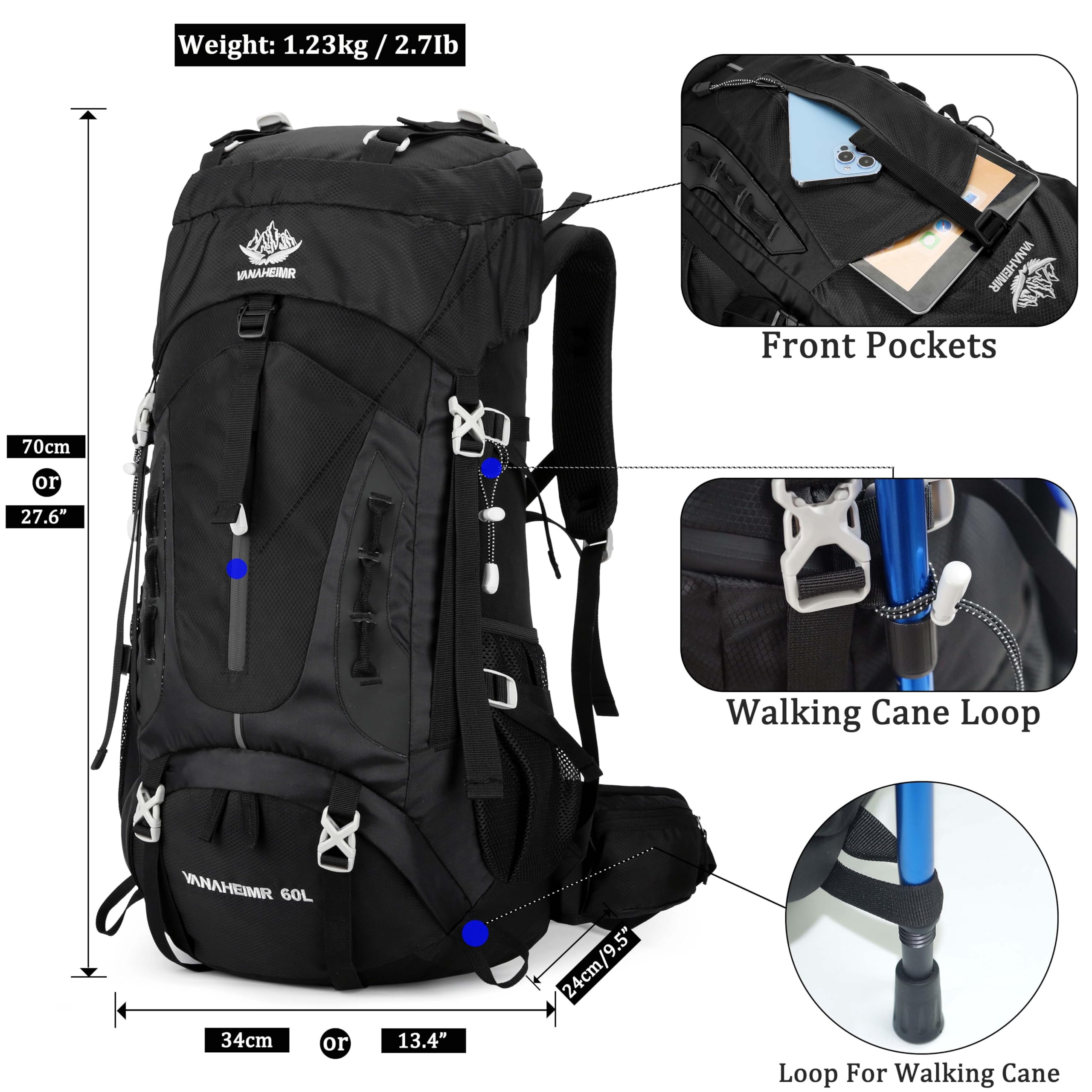 YFREAL - Mochila de viaje de senderismo y campamento de 60 litros con cubierta para lluvia, resistente al agua, mochila de escalada para hombres y mujeres, Negro, Large, Exteriores