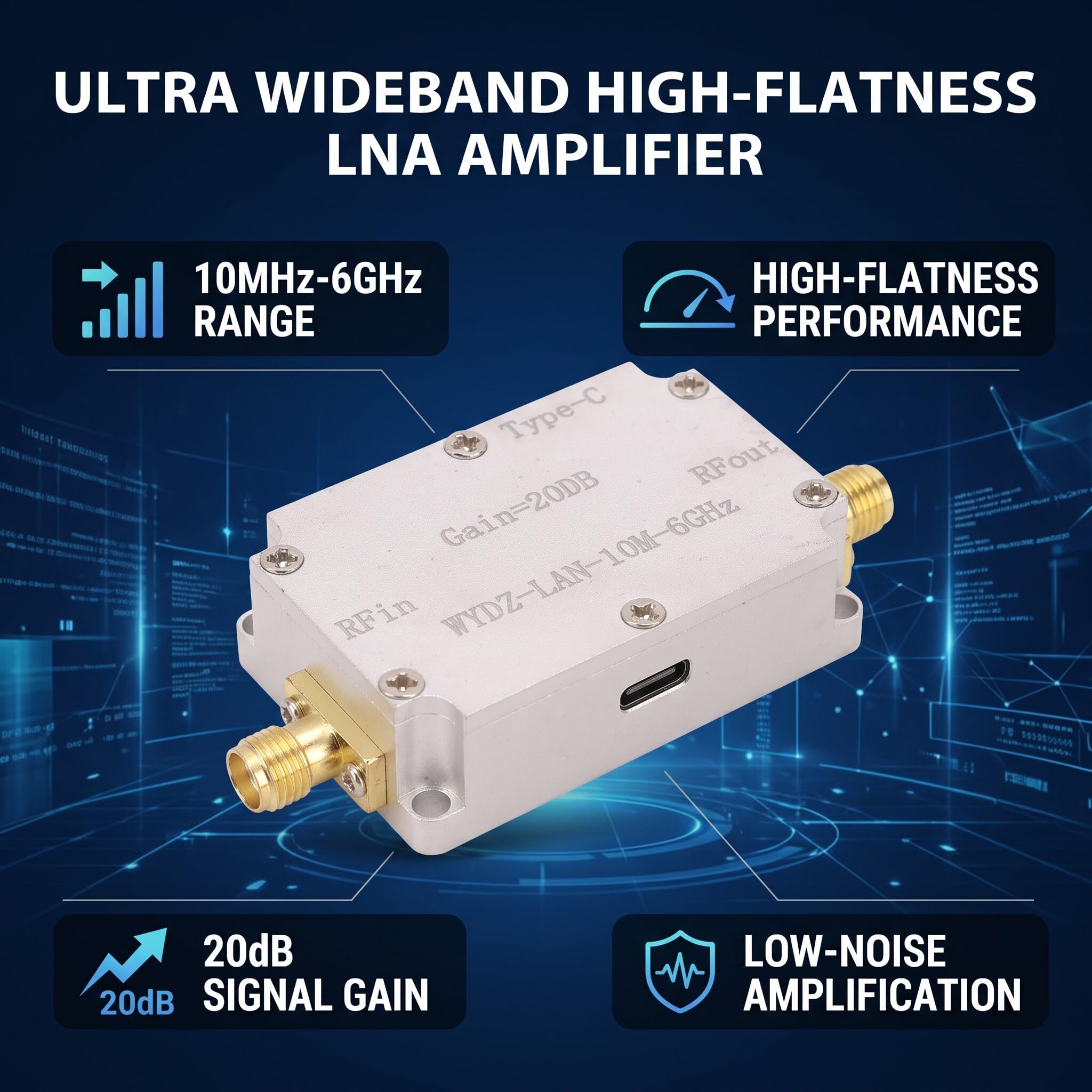 Amplificador RF de alta planitud 10M-6GHz 20DB Ganancia LNA RF Drives Receptor Amplificador de bajo ruido para radio FM
