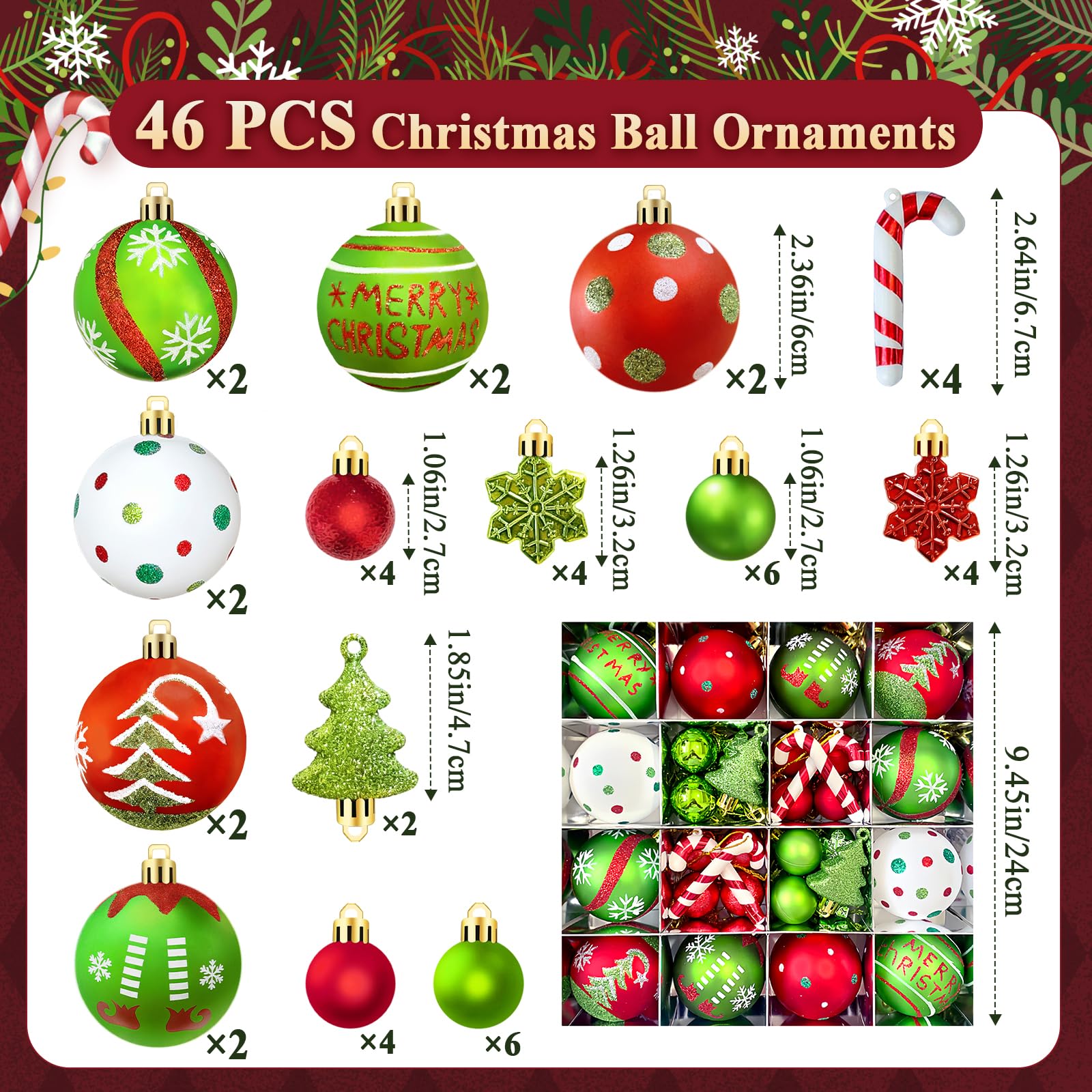 46 adornos de bolas de Navidad, rojo y verde