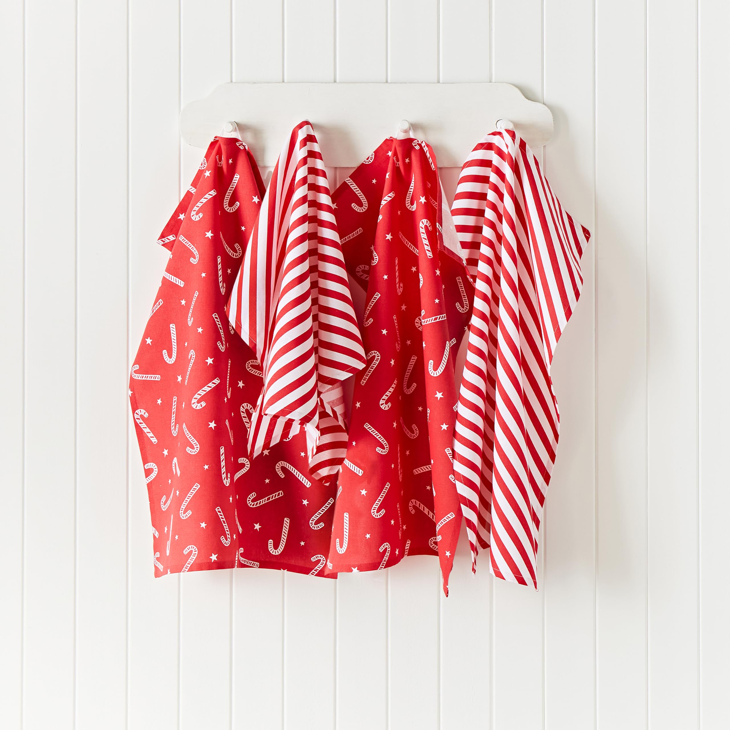 B&Q -  Christmas Candy Cane Cotton 50X75 Cm Kitchen Tea Towel Pack Of 4 White Red