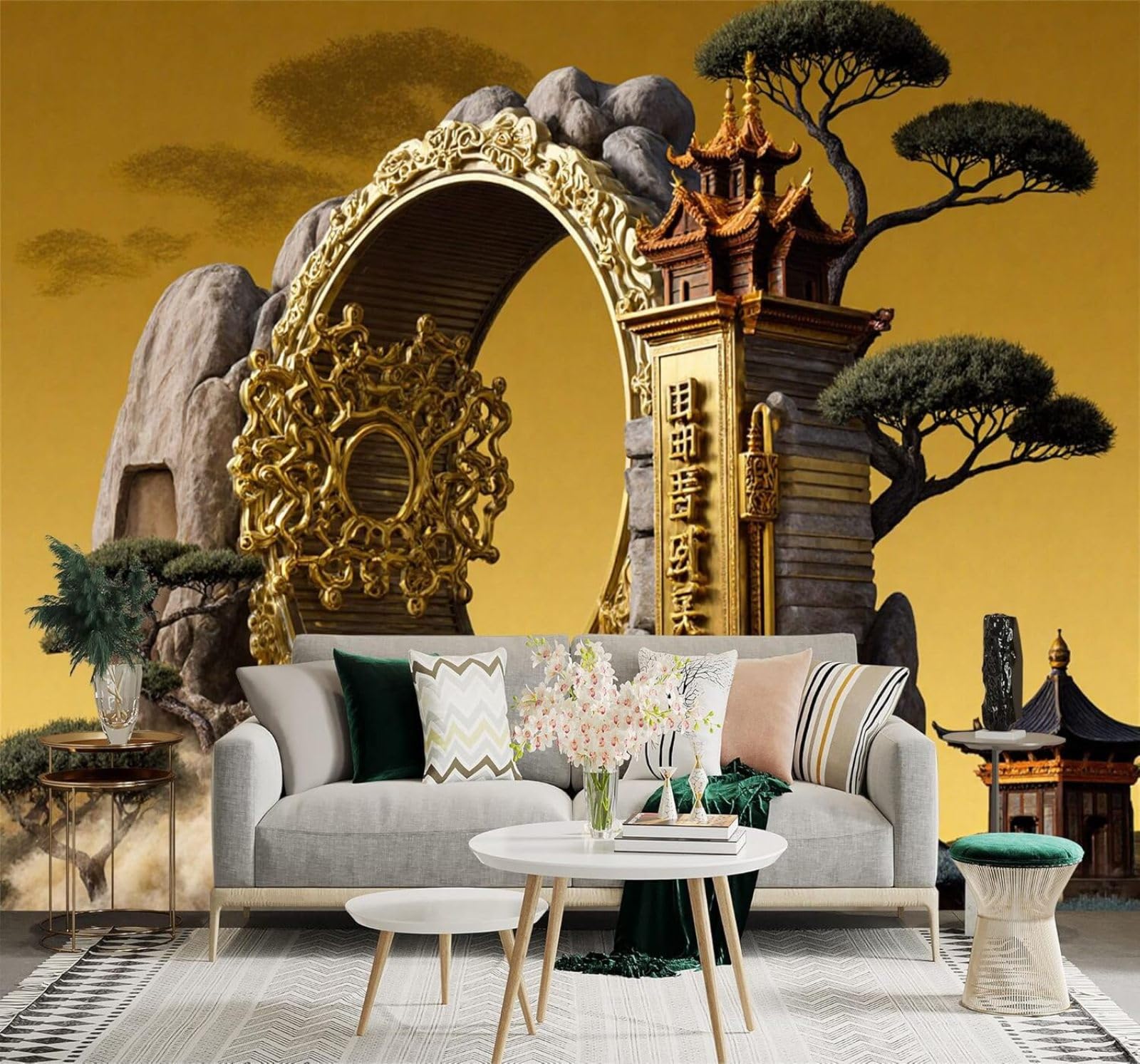 XLMING Three Dimensional Luxurious Golden Pagoda Bonsai 3D Wallpaper Premium Textured Silk Study Dining Living Room Bedroom Sofa TV Wall Easy Install-400cm×280cm
