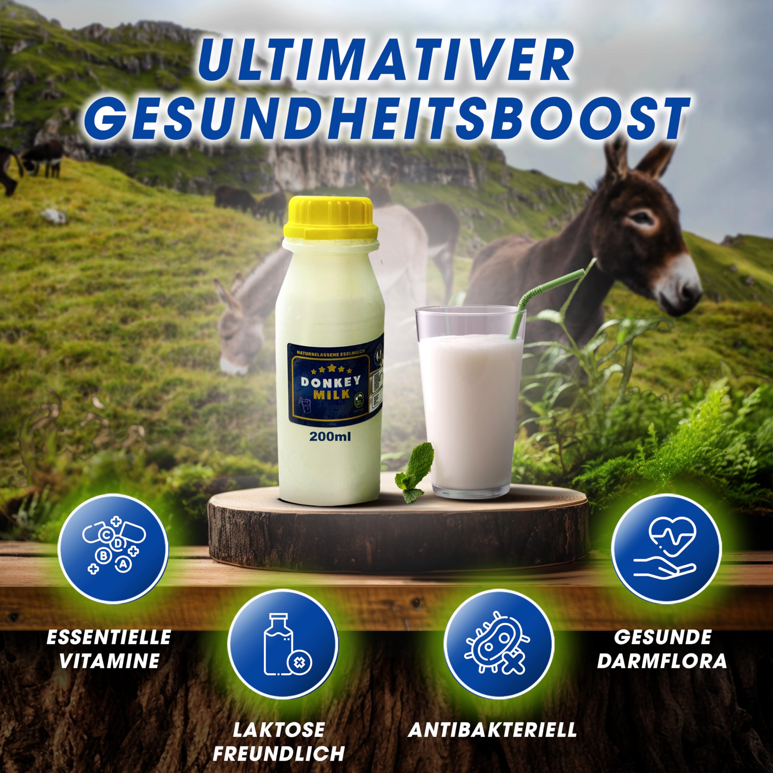 DON DONKEY'S® Leche de burra, 200 ml, leche cruda fresca en botella de 200 ml, para nutrición y cuidado de la piel, envío refrigerado para frescura y calidad, leche baja en lactosa