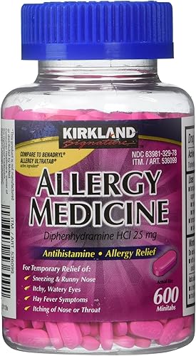 Difenhidramina HCI 25 mg Marca Kirkland Medicina antihistamínica contra alergias en comparación con el ingrediente activo Benadryl Allergy